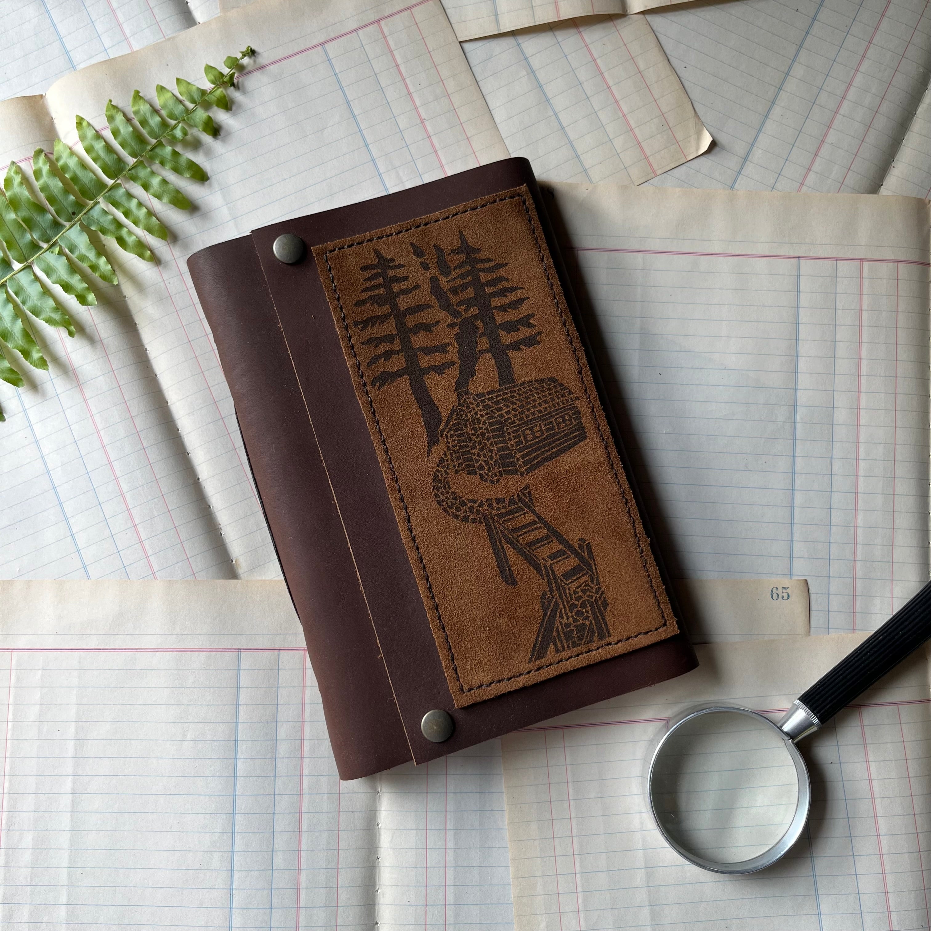 Log Cabin Leather Journal or Guest Book, nature, gratitude or book journal - blank journal - view of the darker leather front cover