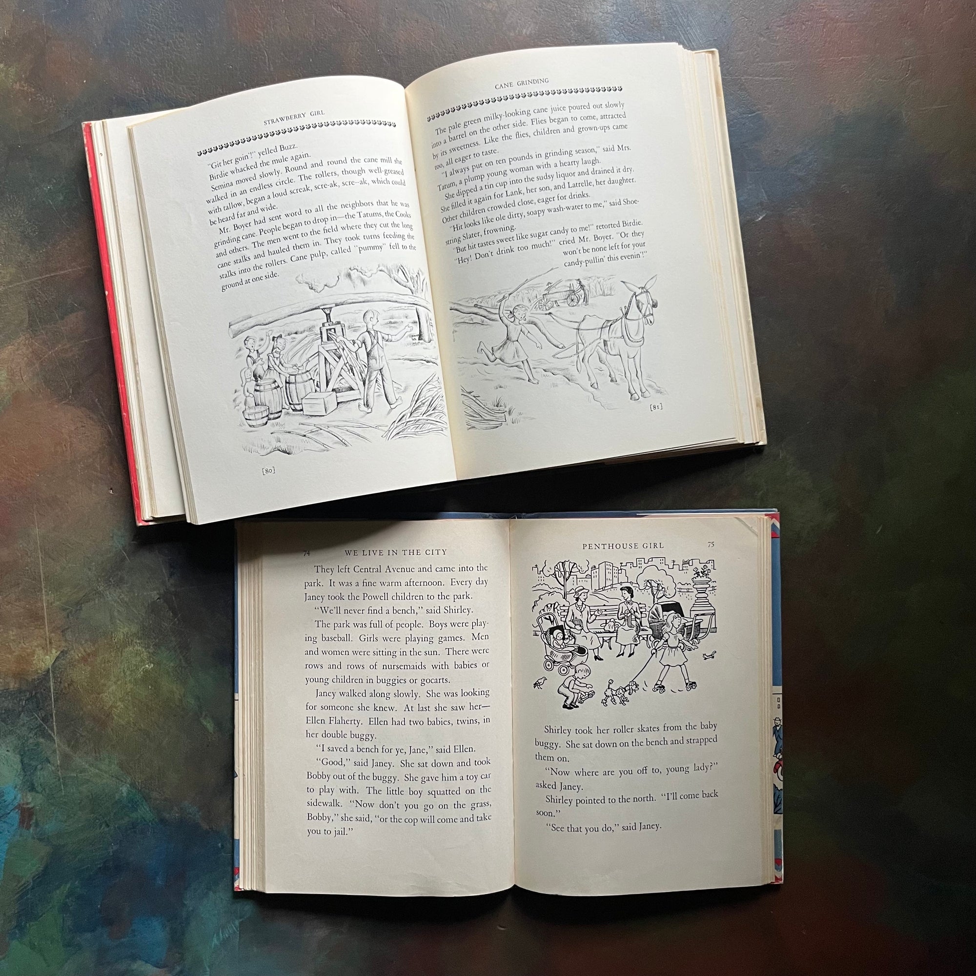 Lois Lenski 2-Book Set–Strawberry Girl and We Live in the City-vintage children's books-round-about America Book Series-Newbery Award Book-view of the illustrations