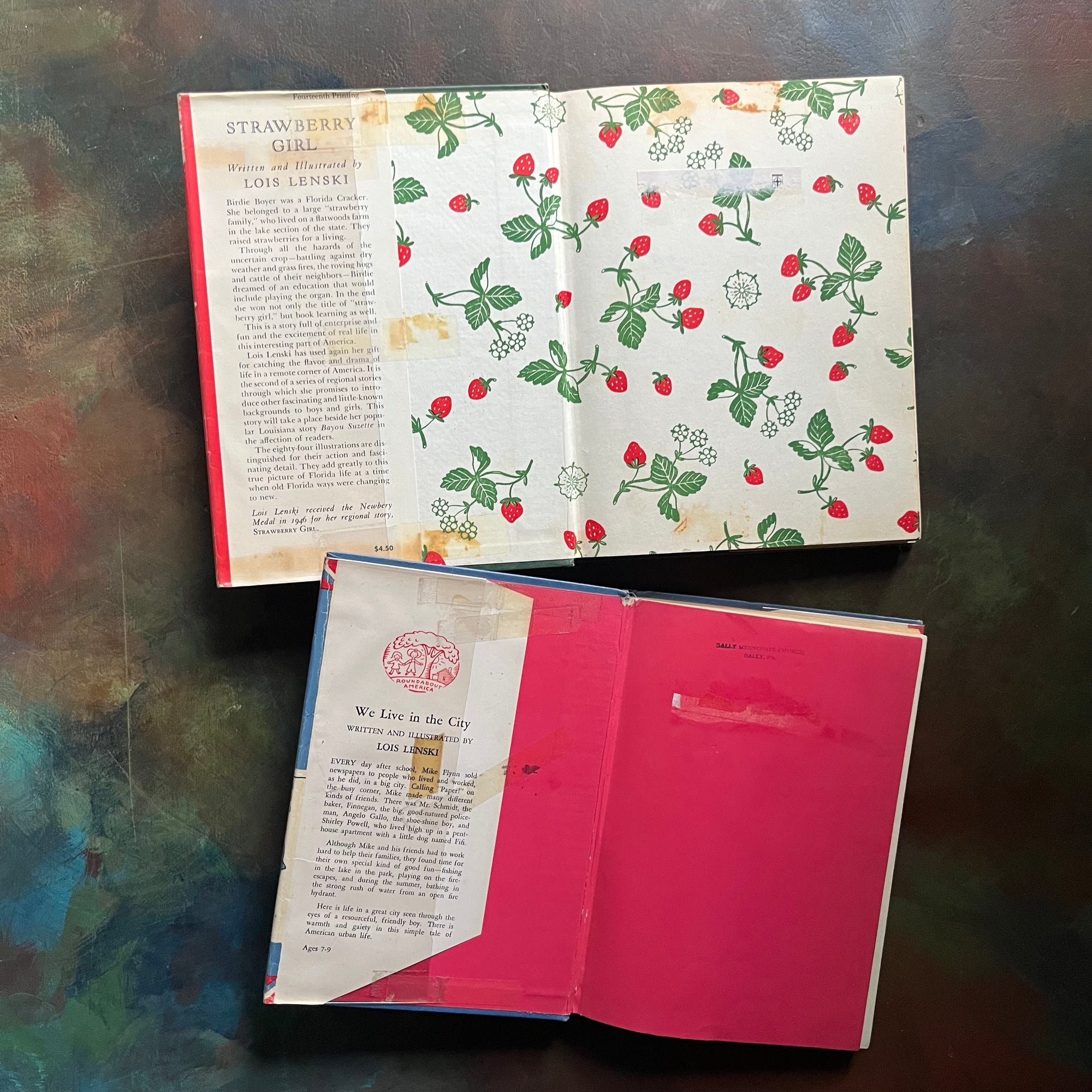 Lois Lenski 2-Book Set–Strawberry Girl and We Live in the City-vintage children's books-round-about America Book Series-Newbery Award Book-view of the inside covers