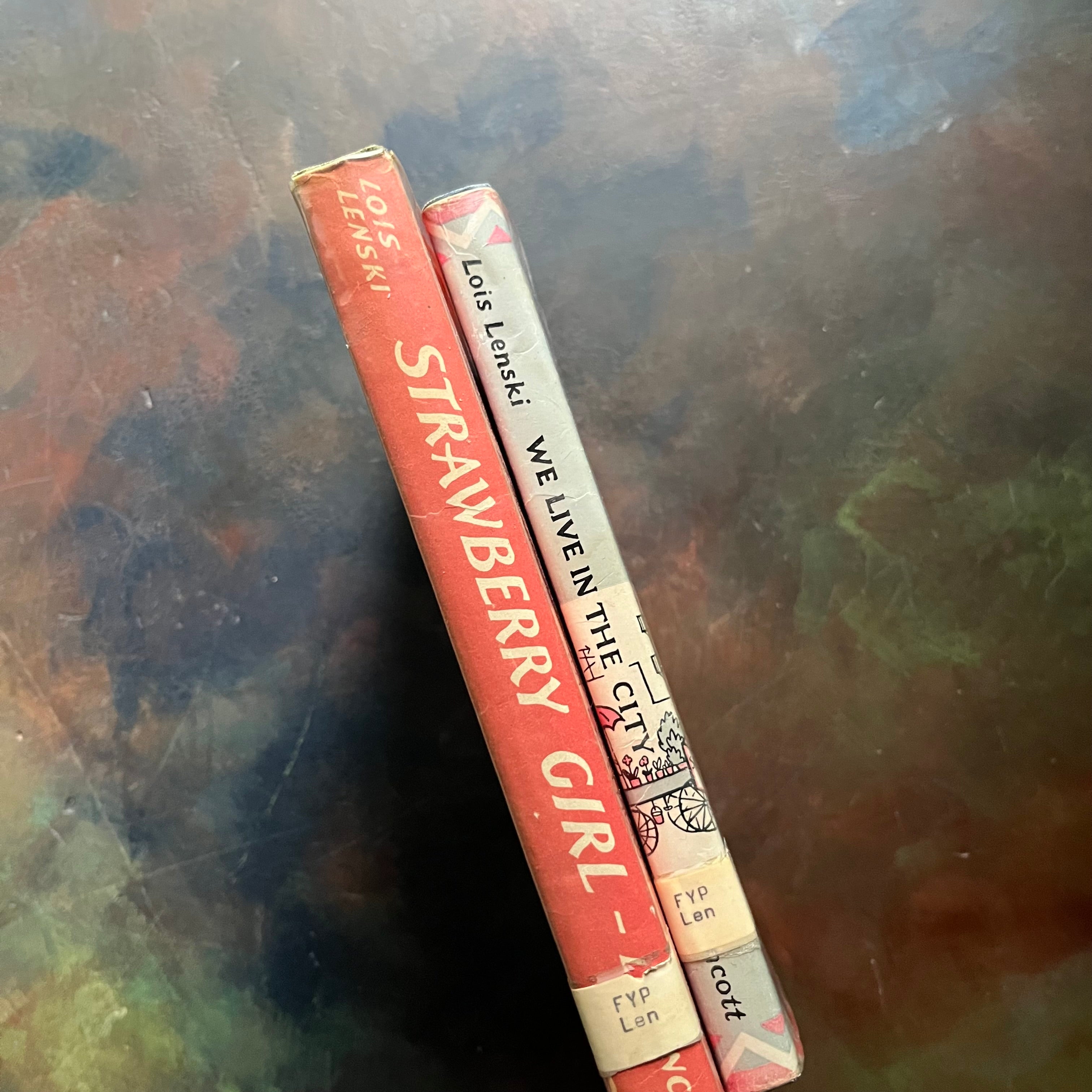 Lois Lenski 2-Book Set–Strawberry Girl and We Live in the City-vintage children's books-round-about America Book Series-Newbery Award Book-view of the spines