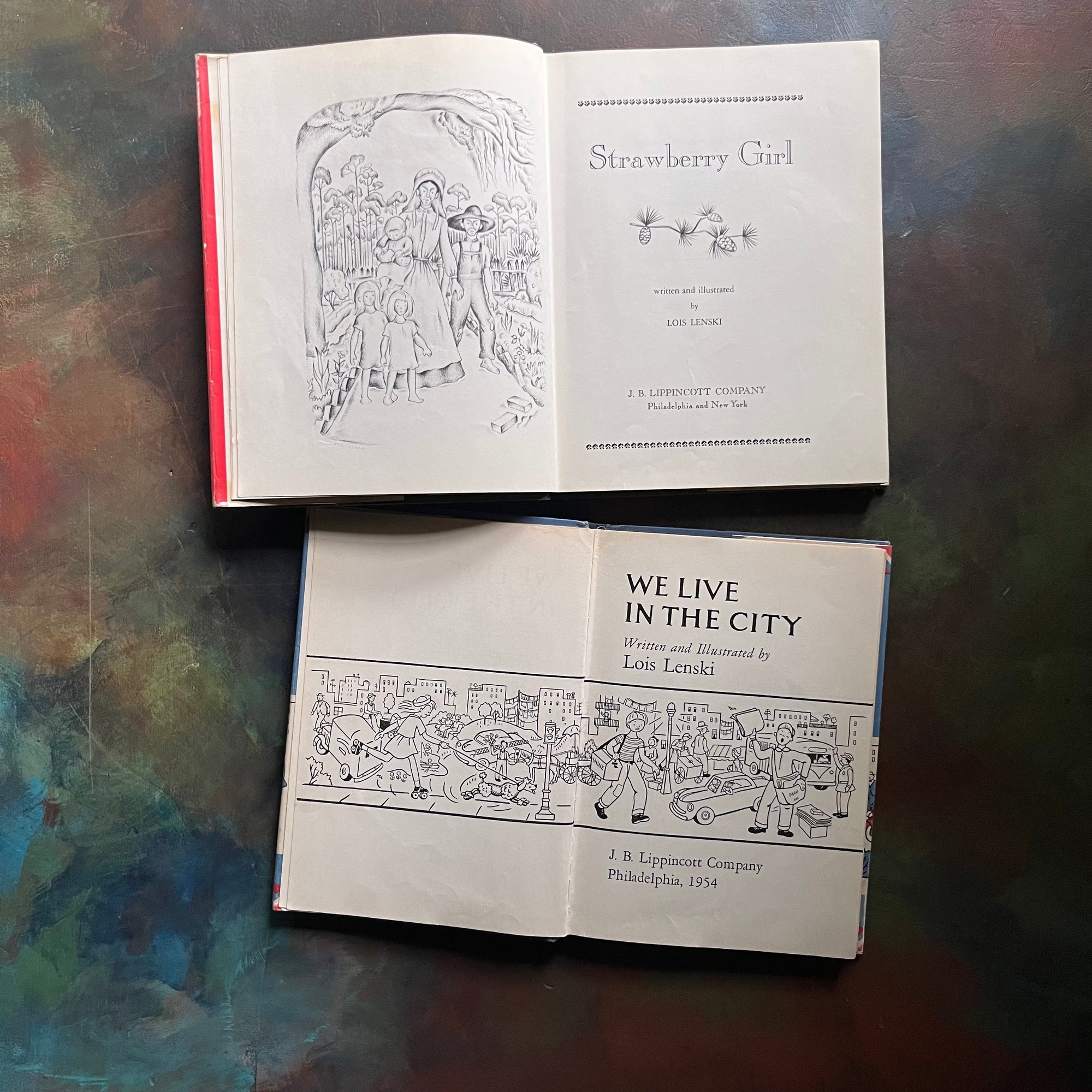 Lois Lenski 2-Book Set–Strawberry Girl and We Live in the City-vintage children's books-round-about America Book Series-Newbery Award Book-view of the title pages