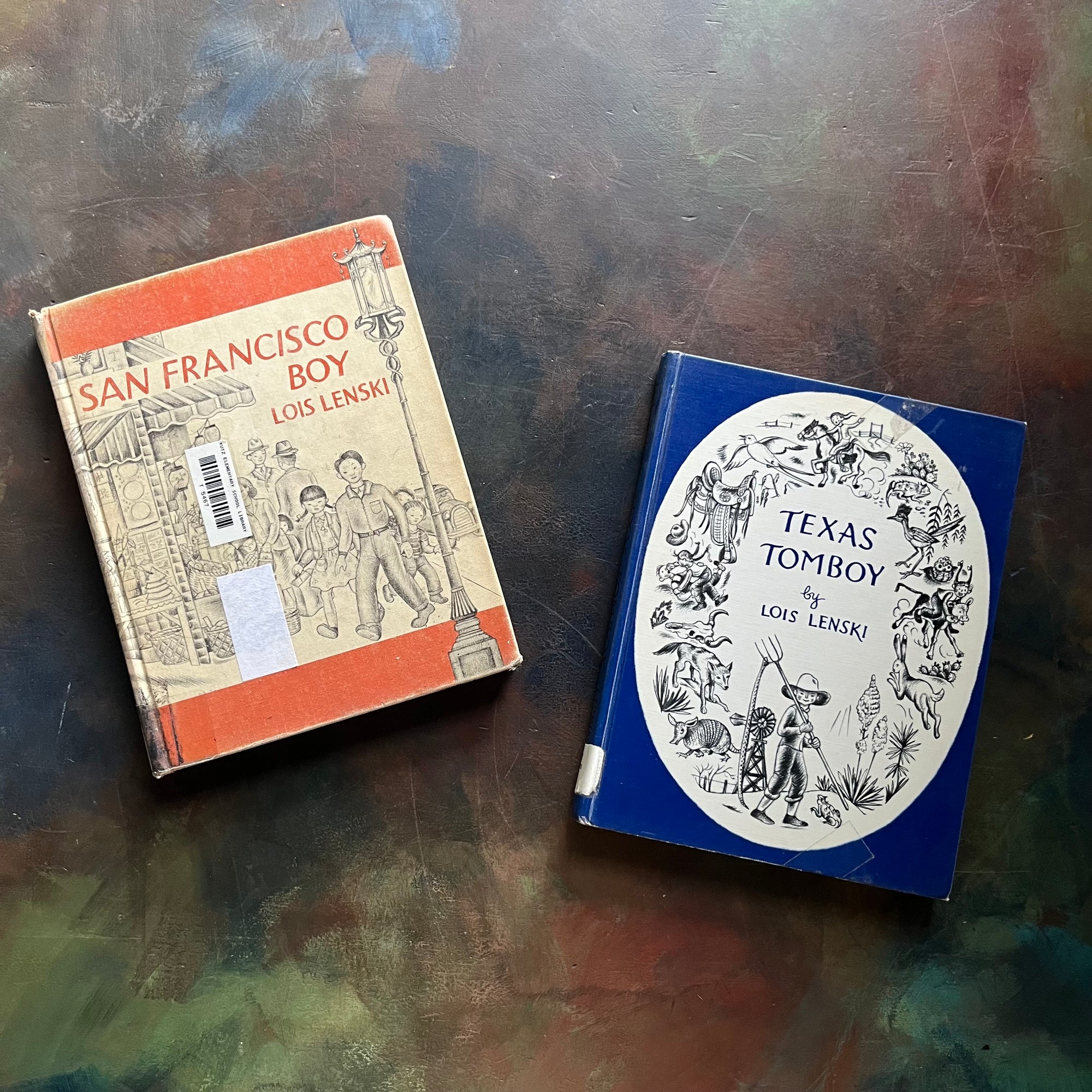 Lois Lenski American Regional Series-Texas Tomboy-San Francisco Boy-vintage living books-children's chapter books-view of the front covers with library stickers noted