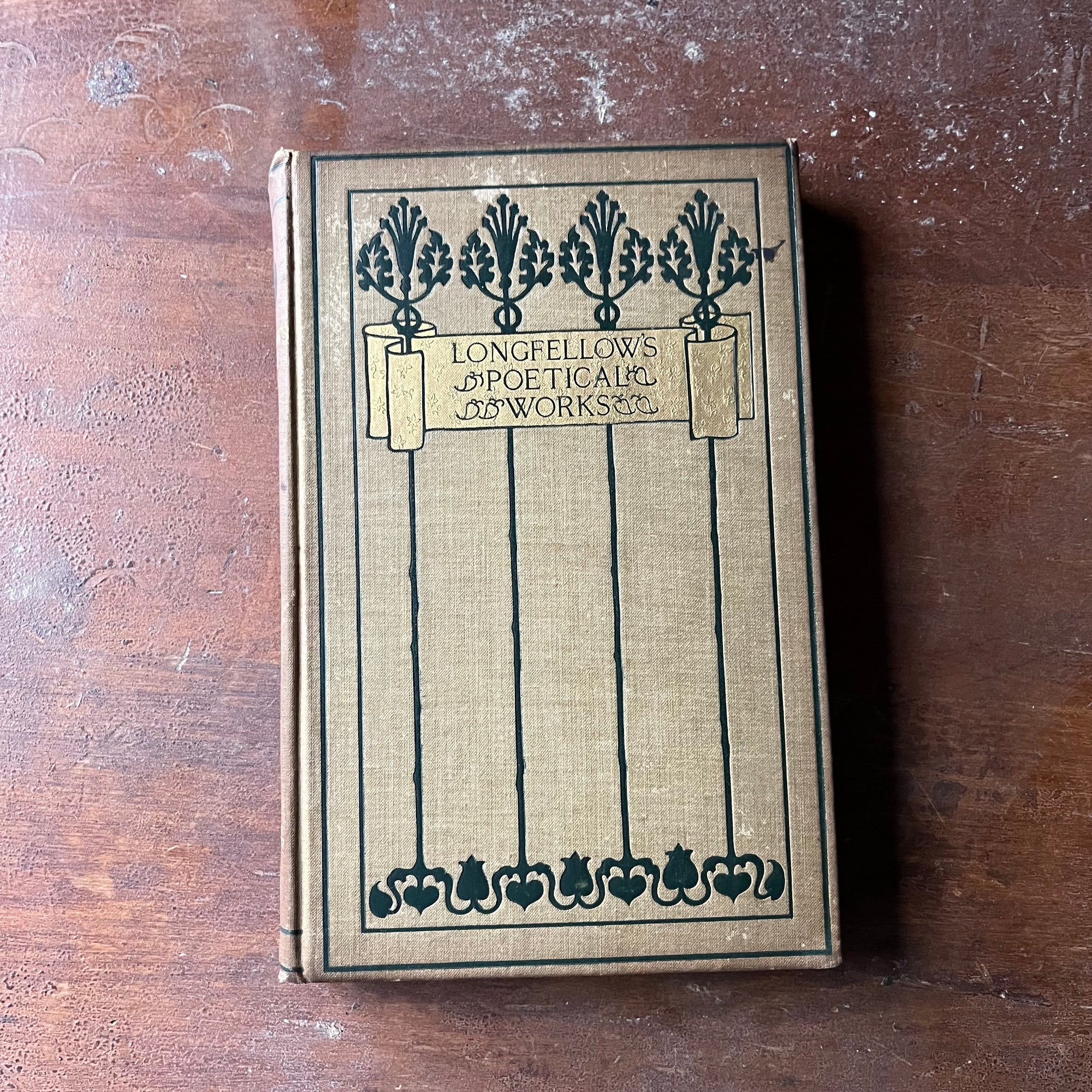 Longfellow's Political Works-The Poems of Henry Wadsworth Longfellow-antique poetry book-view of the decorative front cover with an art deco design & title written inside a gold scroll