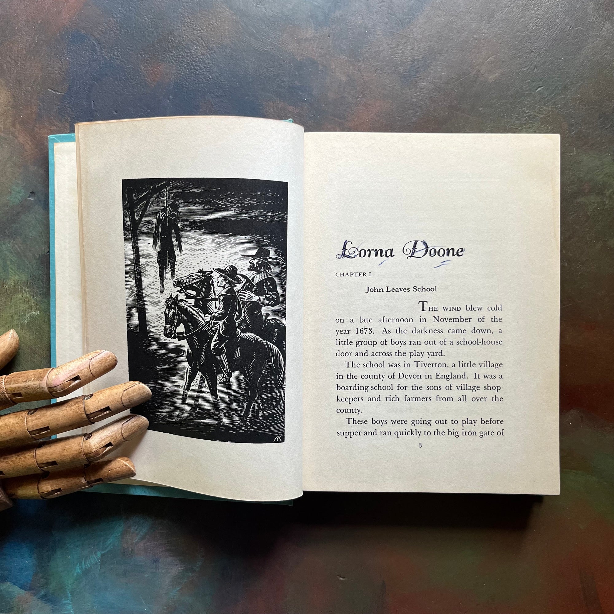 Lorna Doone written by R. D. Blackmore with illustrations by Alexander Key-1938 Scott Foresman and Company Edition-vintage chapter book-view of the first page of chapter one including a full-page illustration in black & white