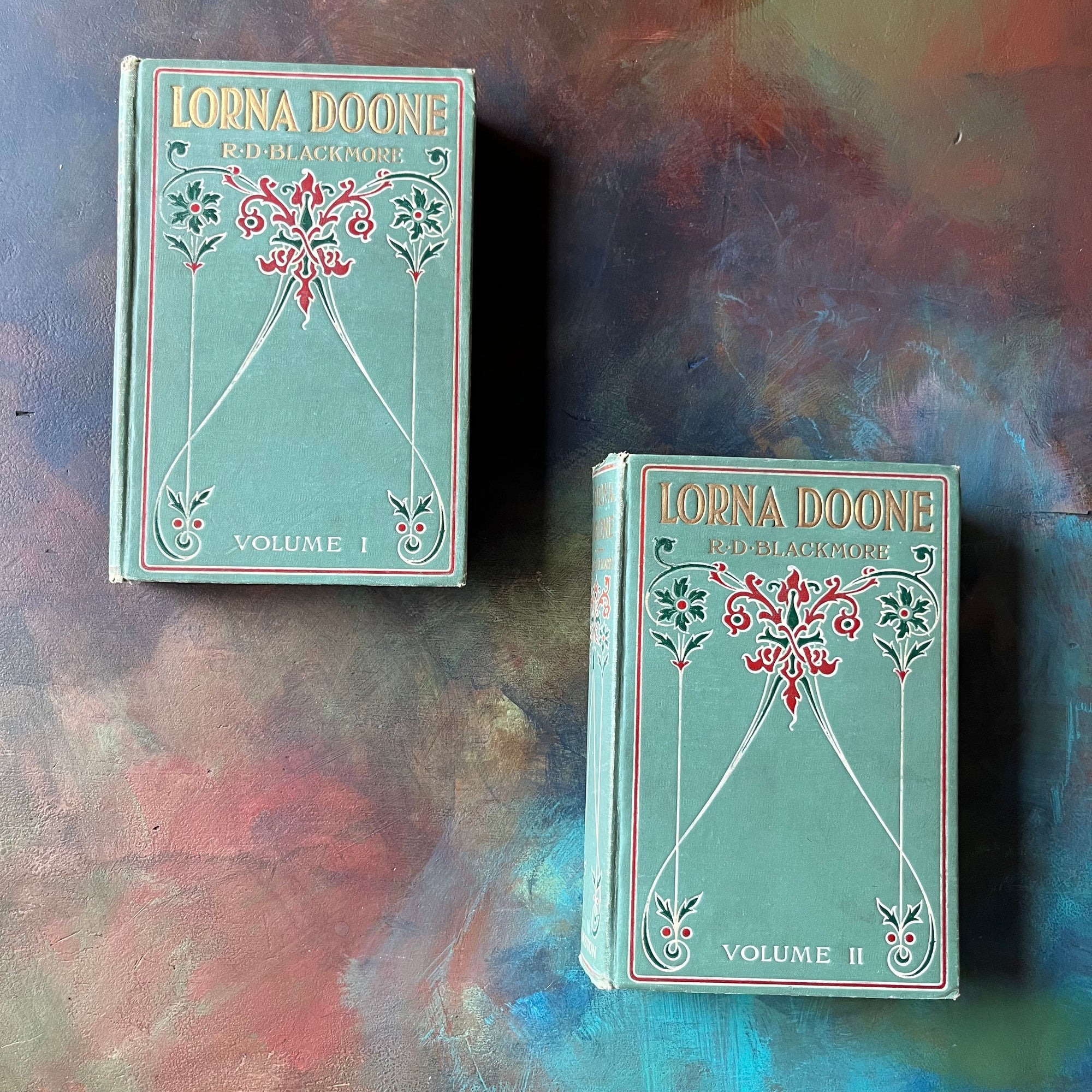 Lorna Doone A Romance of Exmoor - Volumes I and II written by R.D. Blackmore-antique book-view of the embossed front cover