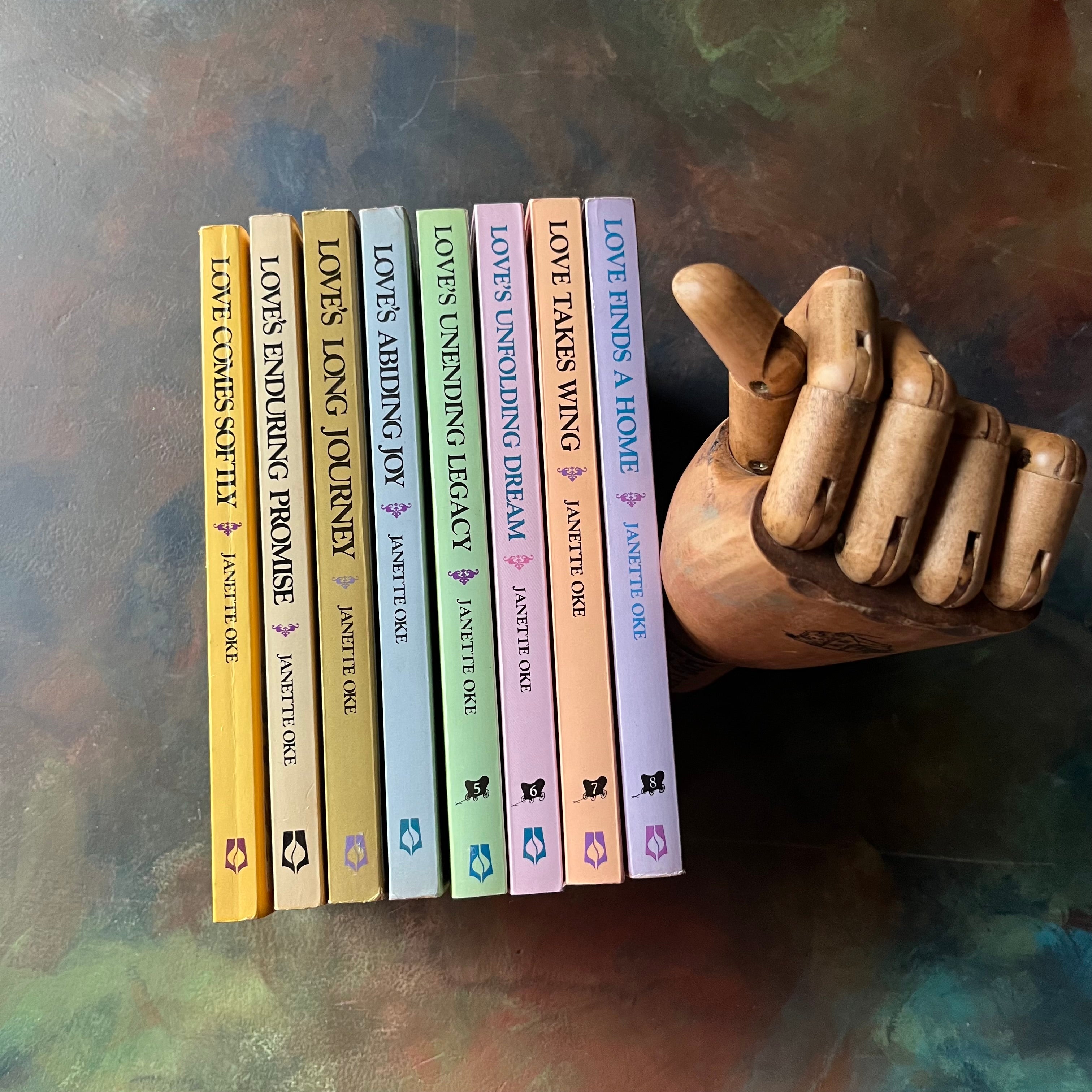 Love Comes Softly Saga Complete 8 Book Set written by Janette Oke-vintage children's chapter books-Christian Historical Fiction-view of the spines
