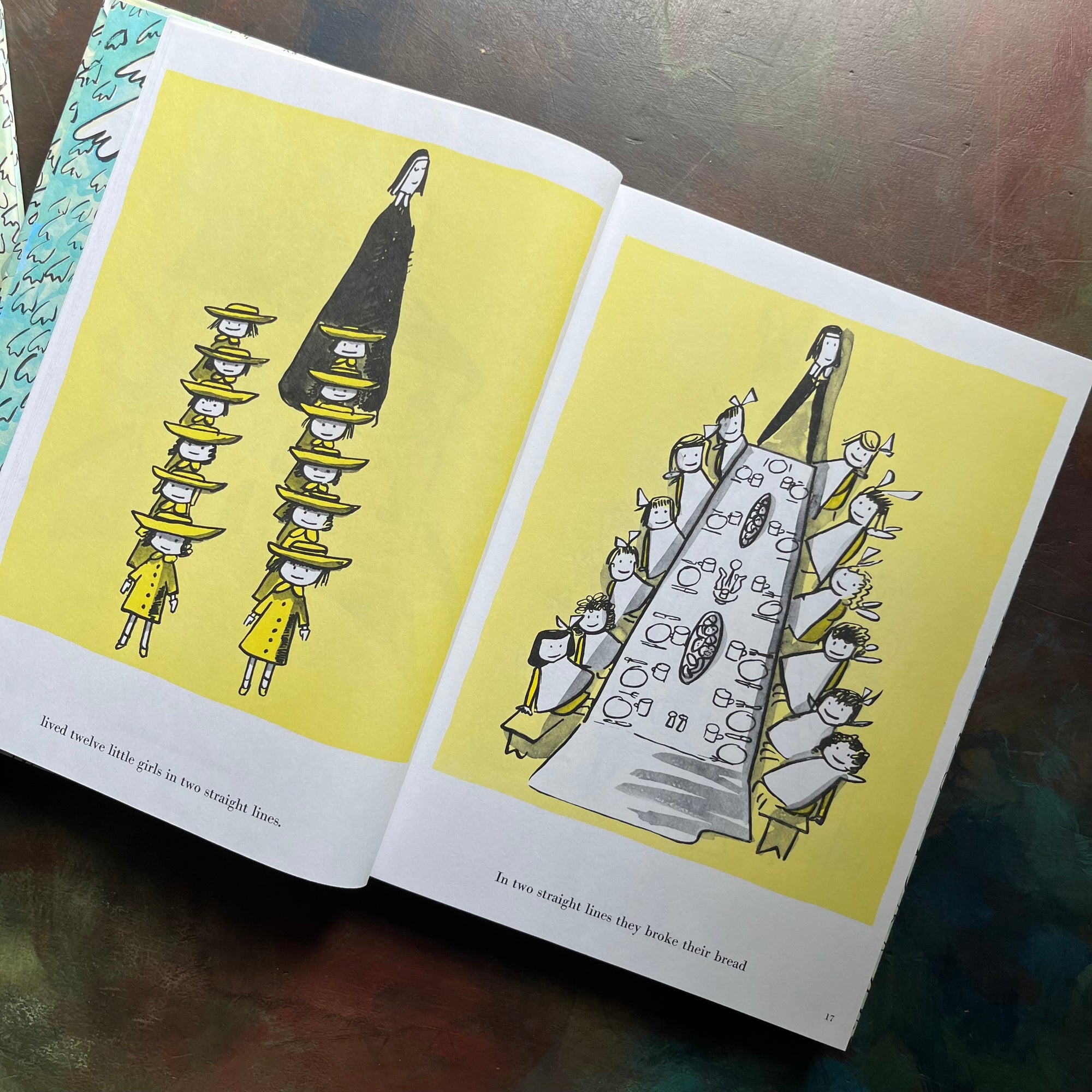 Mad About Madeline written & illustrated by Ludwig Bemelmans-The Complete Tales-with introduction by Anna Quindlen-vintage children's picture books-vintage living books-award winning author and book-view of the illustrations in yellow, black and white