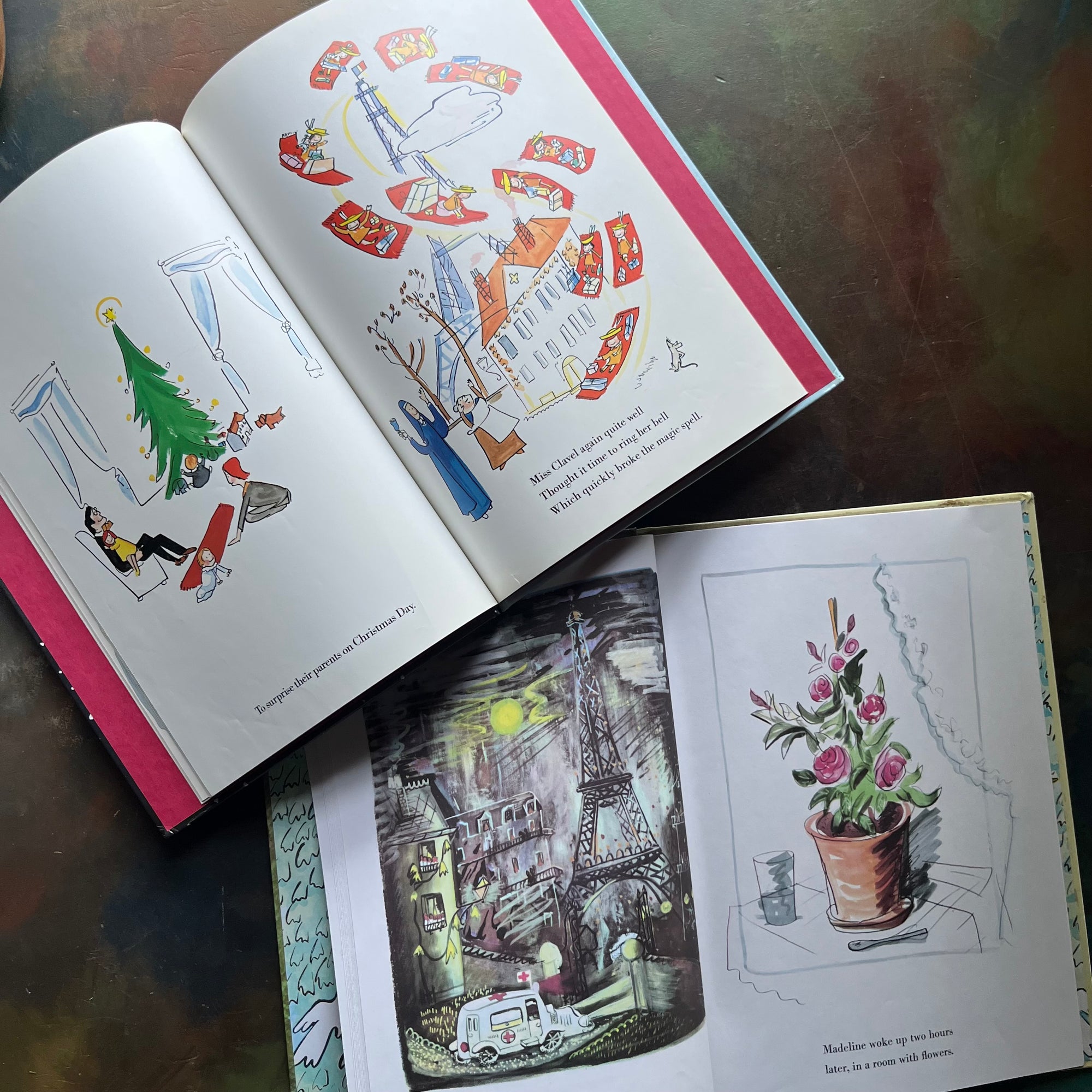Madeline- and Madeline's Christmas written and illustrated by Ludwig Bemelmans-Caldecott Honor winner-vintage children's picture books-view of the illustrations