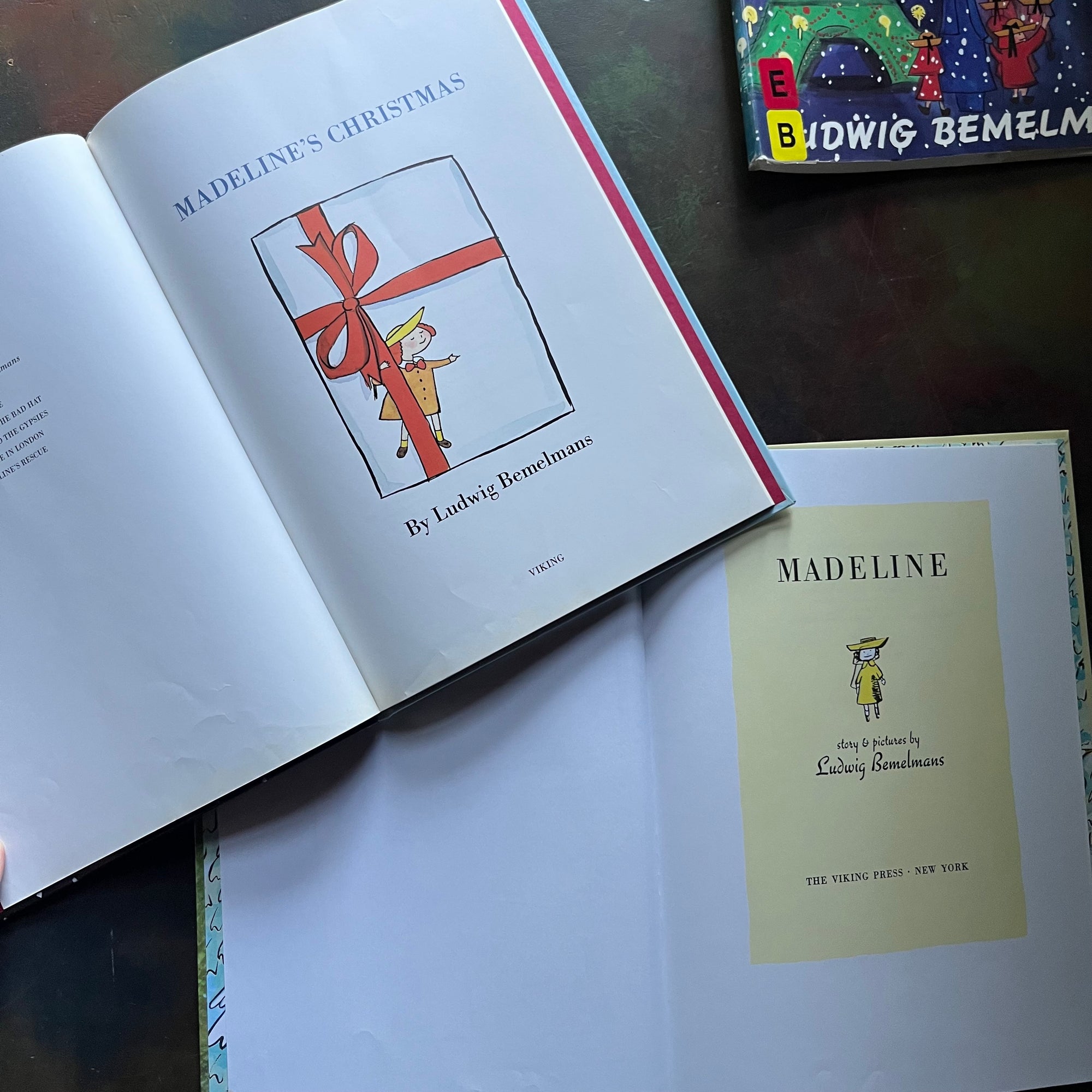 Madeline-Madeline's Christmas-Ludwig Bemelmans-Caldecott Honor winner-vintage children's picture books-view of the title pagesd