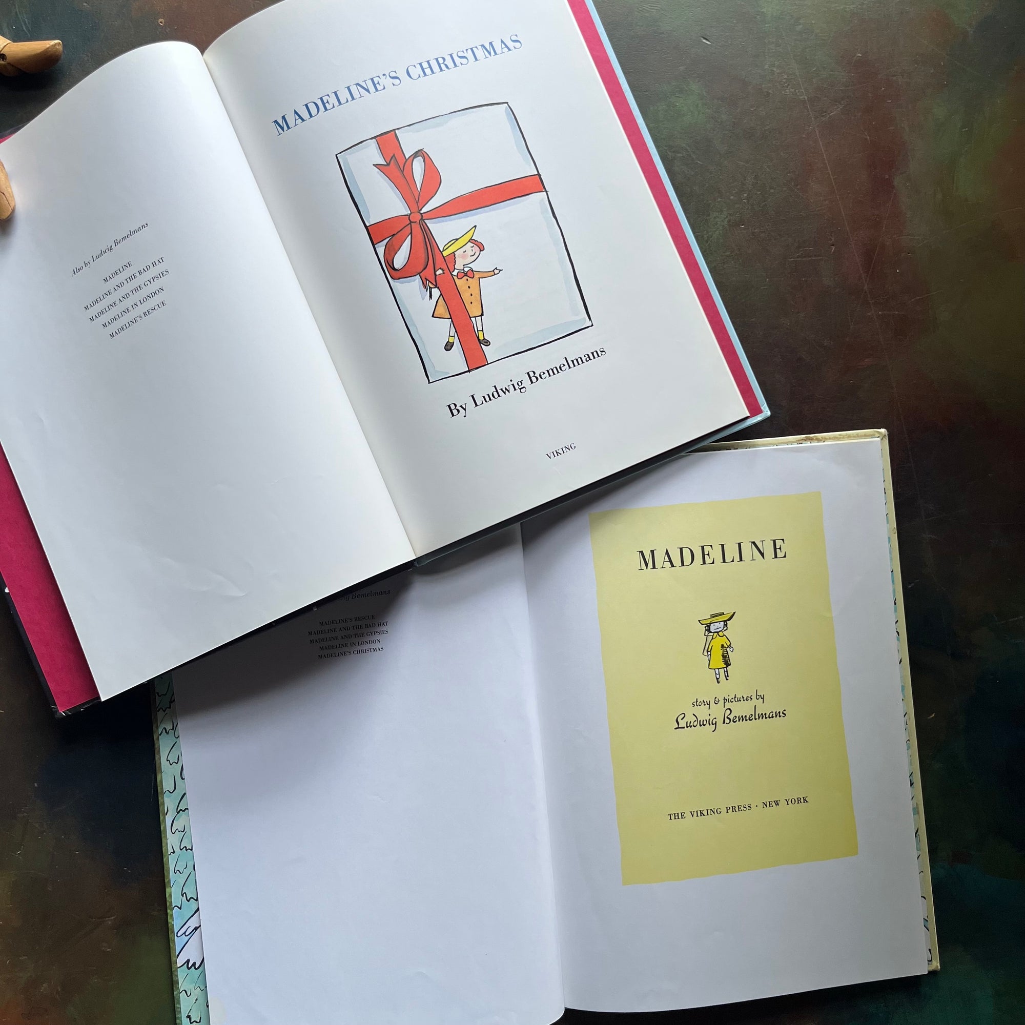 Madeline- and Madeline's Christmas written and illustrated by Ludwig Bemelmans-Caldecott Honor winner-vintage children's picture books-view of the title pages