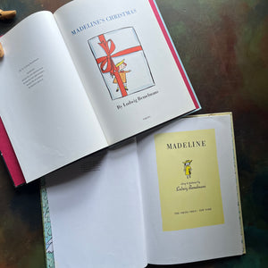 Madeline- and Madeline's Christmas written and illustrated by Ludwig Bemelmans-Caldecott Honor winner-vintage children's picture books-view of the title pages