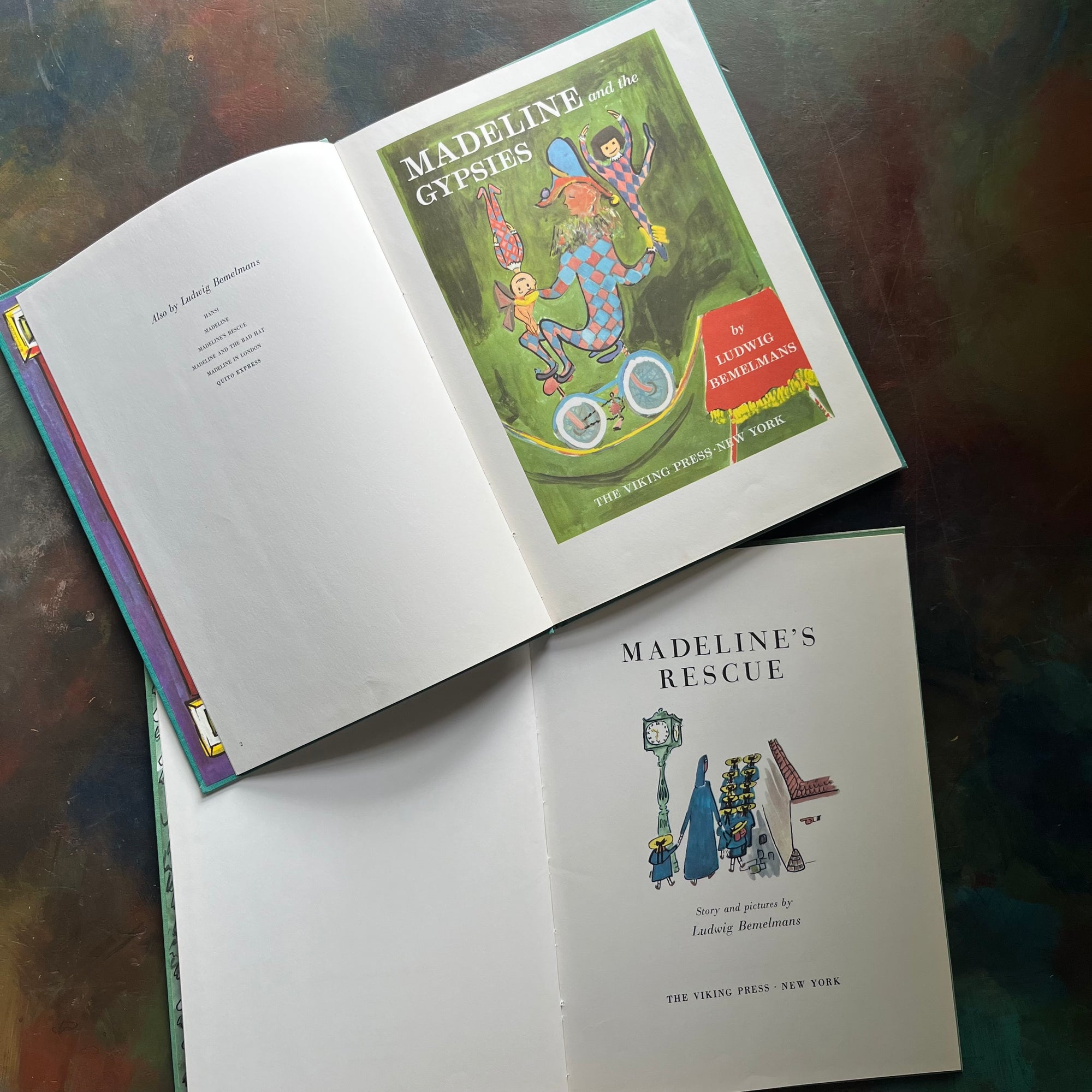 Madeline's Rescue (1954 Caldecott Winner)-Madeline and the Gypsies-written and illustrated by Ludwig Bemelmans-Caldecott winner-vintage children's picture books-view of the title pages