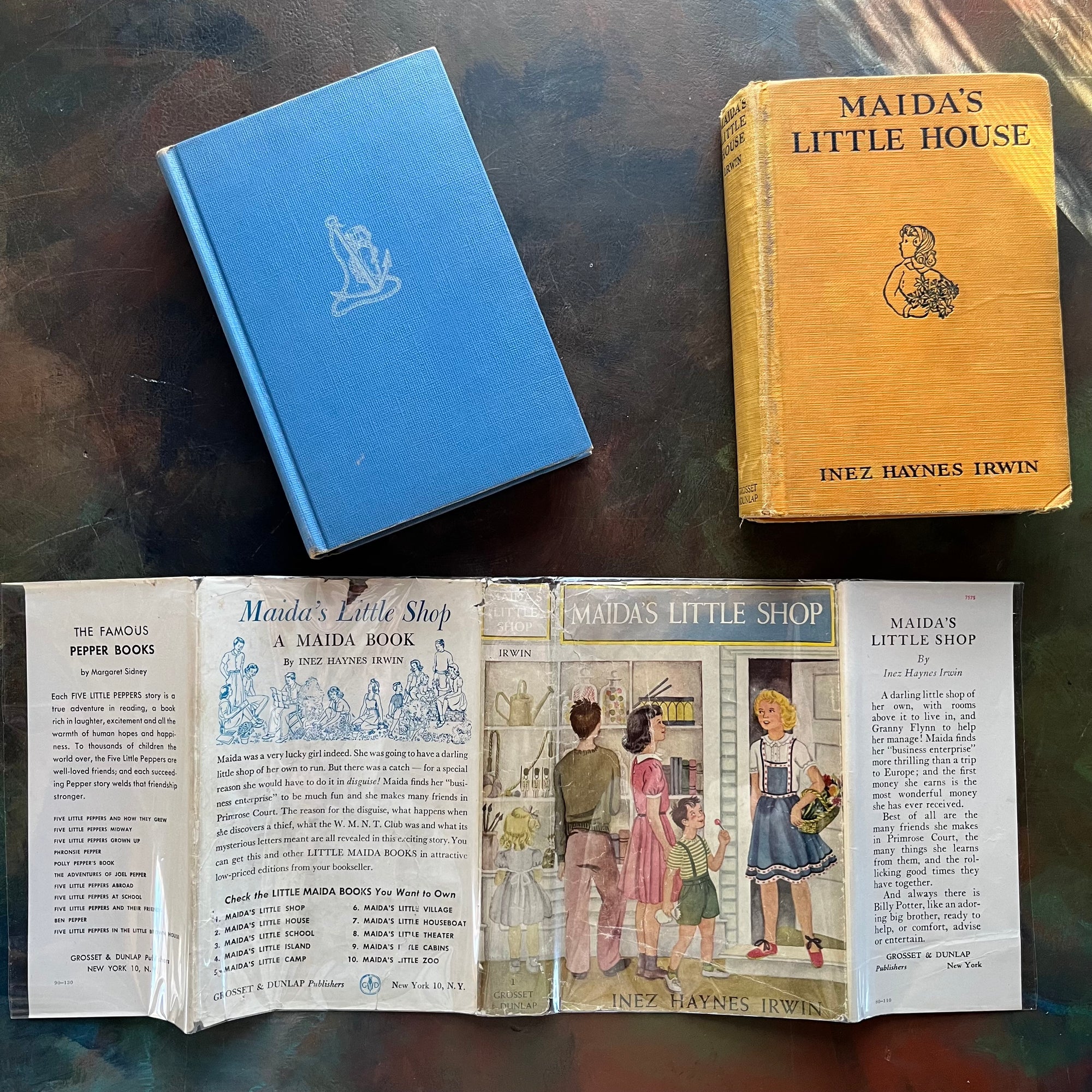 Maida's Little House and Maida's Little Shop written by Inez Haynes Irwin-vintage children's chapter books-charming stories for independent young readers-view of the dust jacket wrapped in plastic
