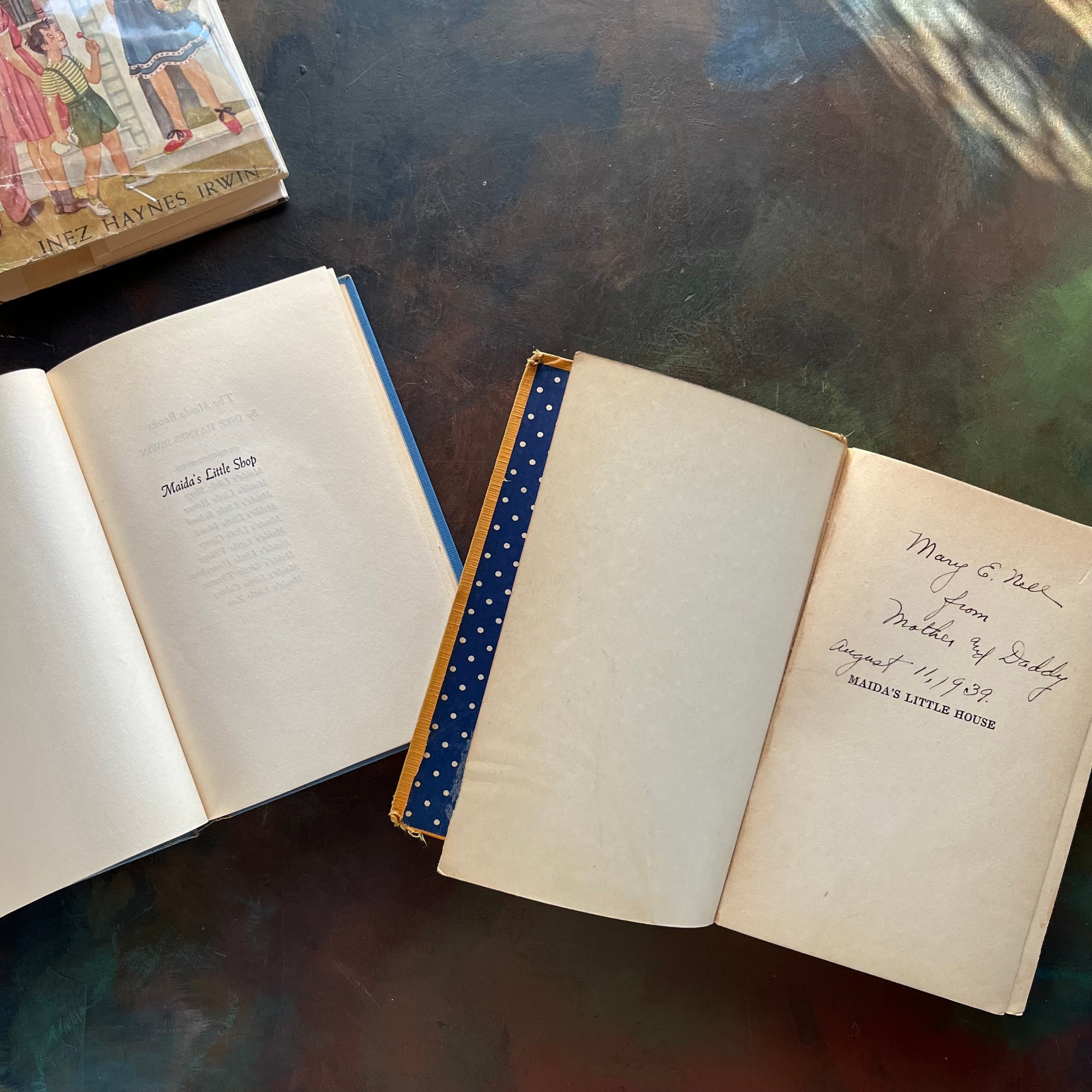 Maida's Little House and Maida's Little Shop written by Inez Haynes Irwin-vintage children's chapter books-charming stories for independent young readers-view of the half title page with inscription written on Maida's Little House