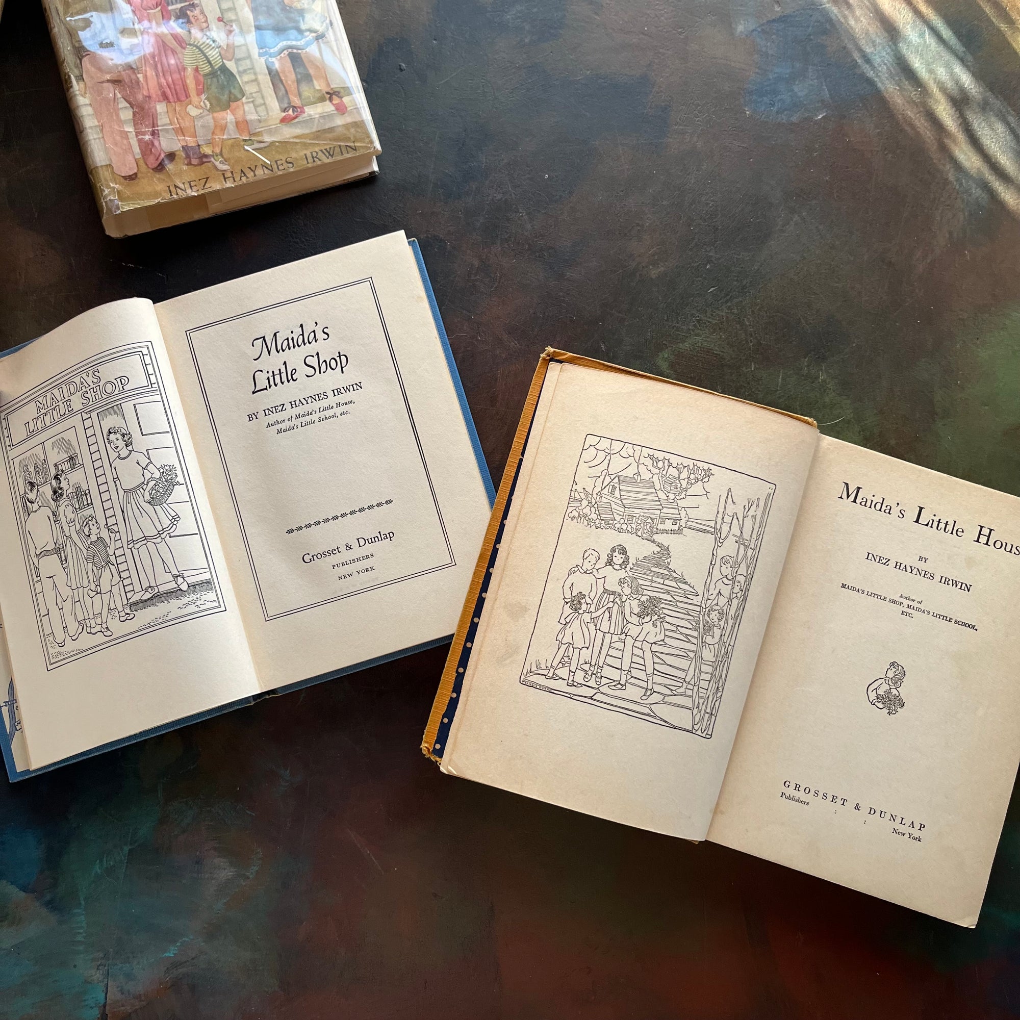 Maida's Little House and Maida's Little Shop written by Inez Haynes Irwin-vintage children's chapter books-charming stories for independent young readers-view of the title pages