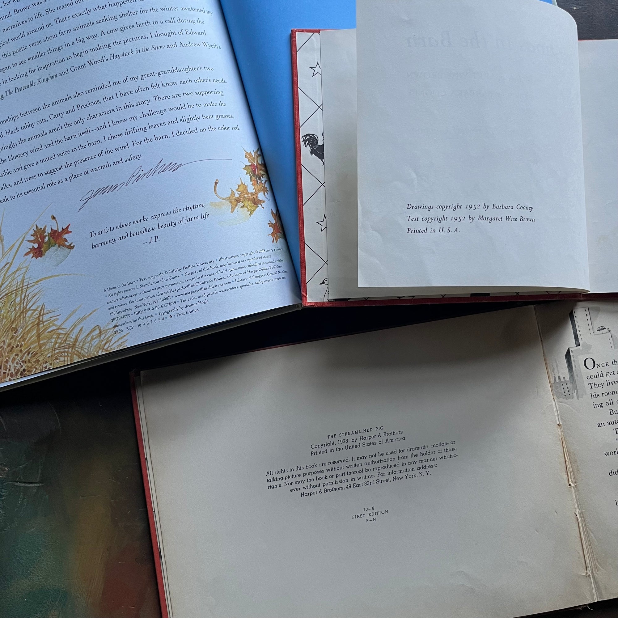 Margaret Wise Brown Storybook Collection-Christmas in the Barn-Home in the Barn-Streamlined Pig-vintage children's picture books-Barbar Cooney, Kurt Weise and Jerry Pinkney illustrations-view of the copyrights