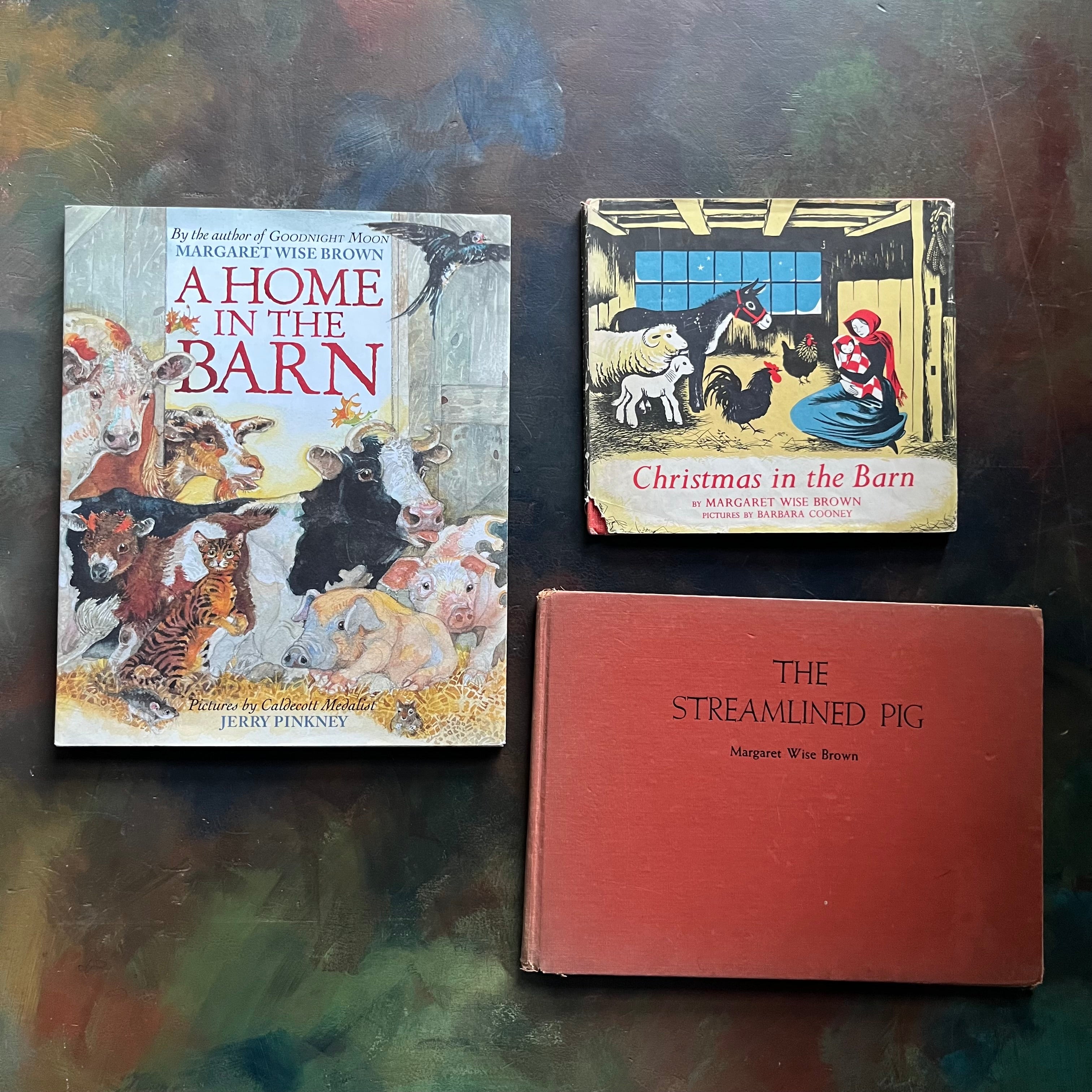 Margaret Wise Brown Storybook Collection-Christmas in the Barn-Home in the Barn-Streamlined Pig-vintage children's picture books-Barbar Cooney, Kurt Weise and Jerry Pinkney illustrations-view of the covers with dust jackets on all but Streamlined Pig