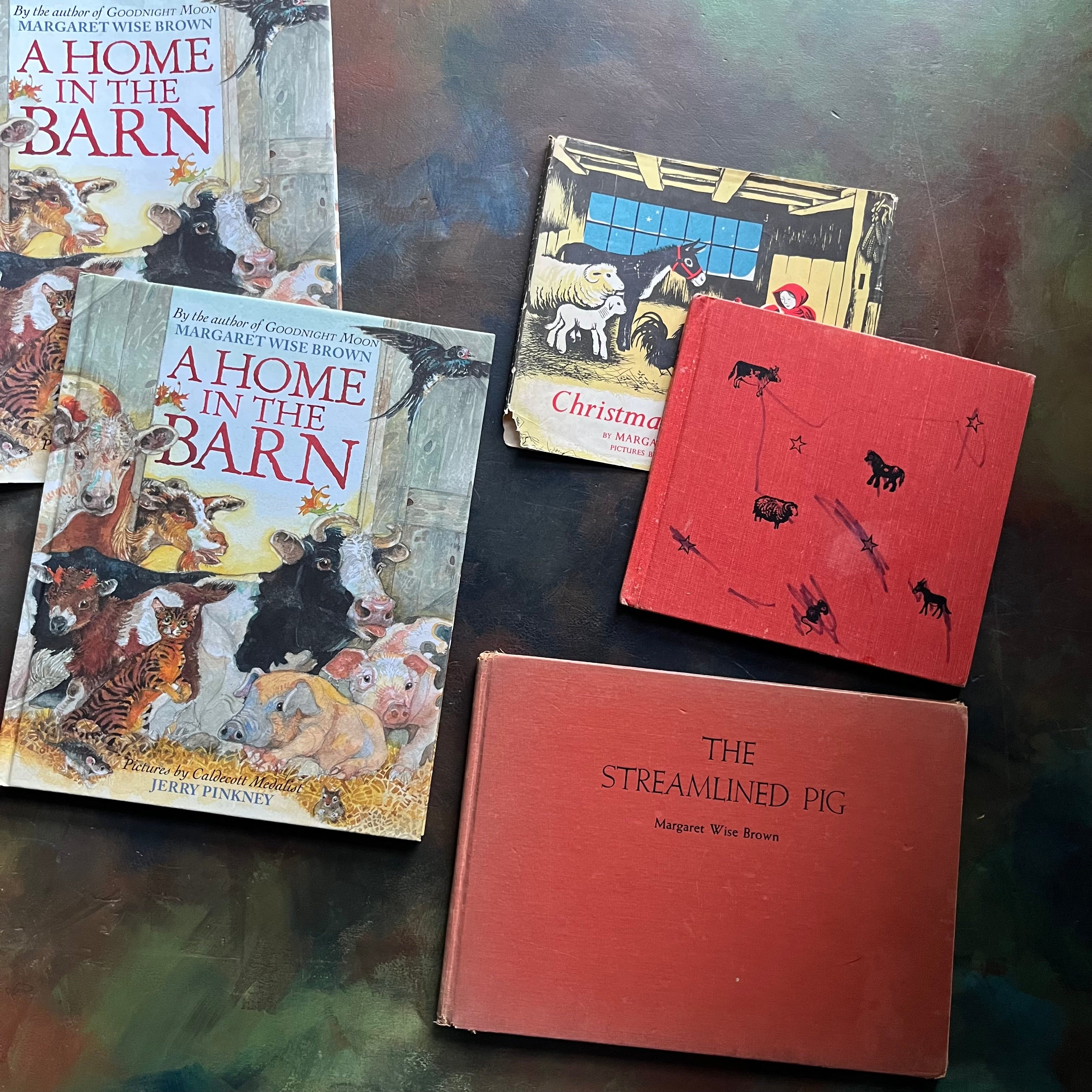 Margaret Wise Brown Storybook Collection-Christmas in the Barn-Home in the Barn-Streamlined Pig-vintage children's picture books-Barbar Cooney, Kurt Weise and Jerry Pinkney illustrations-view of the front covers