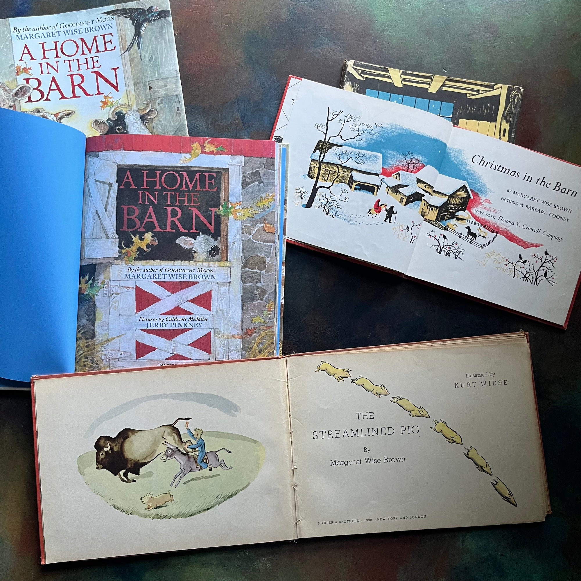 Margaret Wise Brown Storybook Collection-Christmas in the Barn-Home in the Barn-Streamlined Pig-vintage children's picture books-Barbar Cooney, Kurt Weise and Jerry Pinkney illustrations-view of the title pages