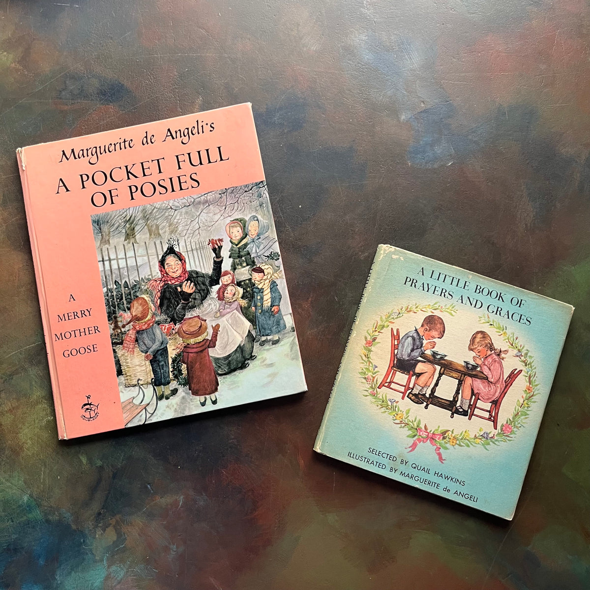 Marguerite de Angeli's A Pocket Full of Posies-A Little Book of Prayers and Graces by Quail Hawkins-child's first prayer book-view of the front covers - A Little Book of Prayers & Graces shows the dust jacket's front cover