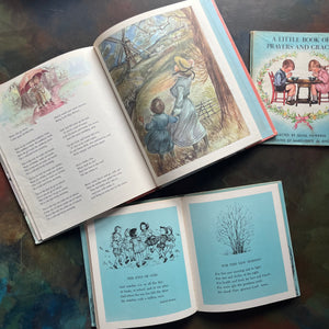 Marguerite de Angeli's A Pocket Full of Posies-A Little Book of Prayers and Graces by Quail Hawkins-first prayer book-view of illustrations in both books