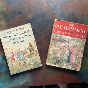 Marguerite de Angeli's Book of Nursery and Mother Goose Rhymes-The Old Testament-Nursery Rhymes-Old Testament for Children-children's religious studies-view of the front covers with the dust jacket on The Old Testament-both depicting scenes from each book