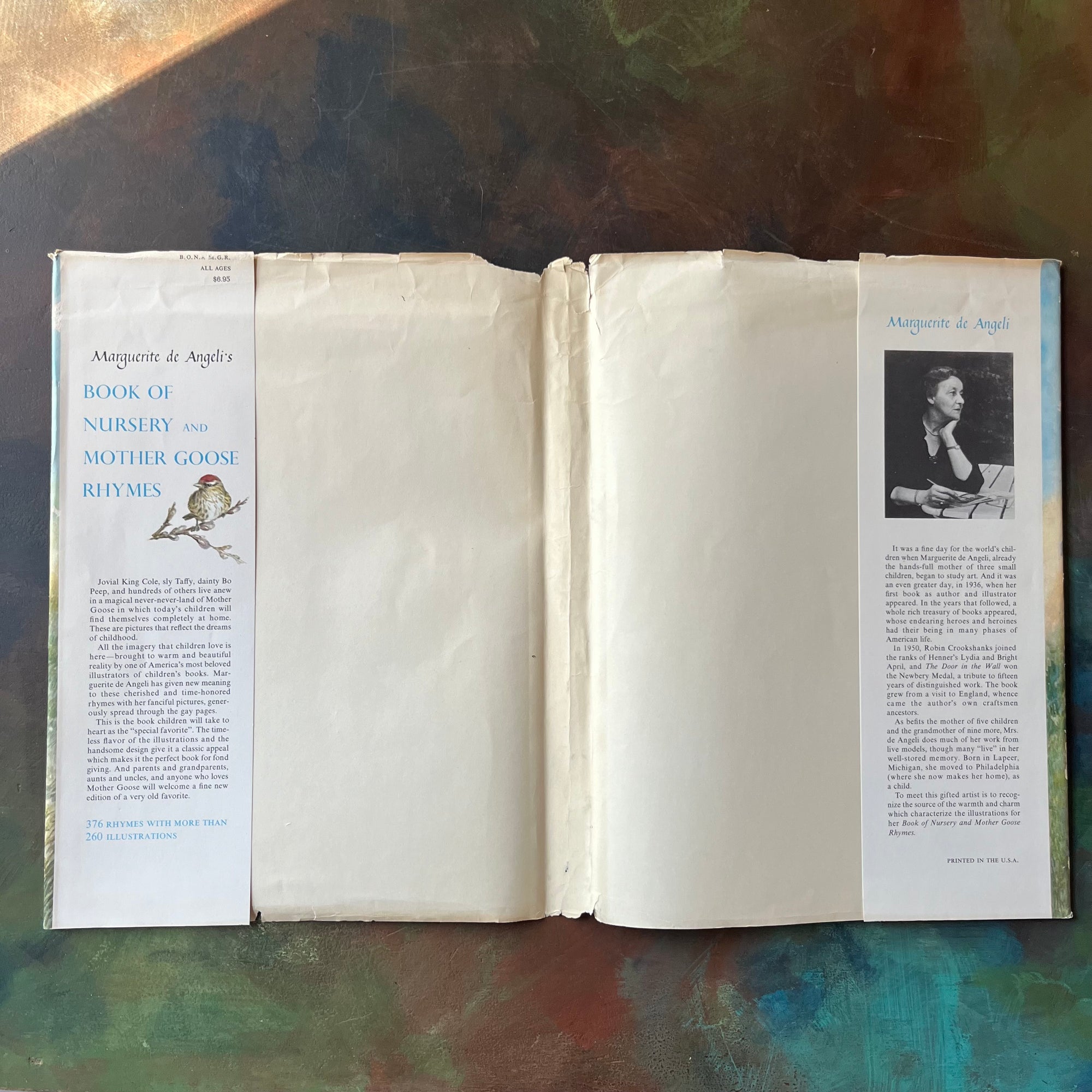 Marguerite de Angeli's Book of Nursery and Mother Goose Rhymes-vintage children's book-Caldecott honor book-view of the dust jacket's inside flaps