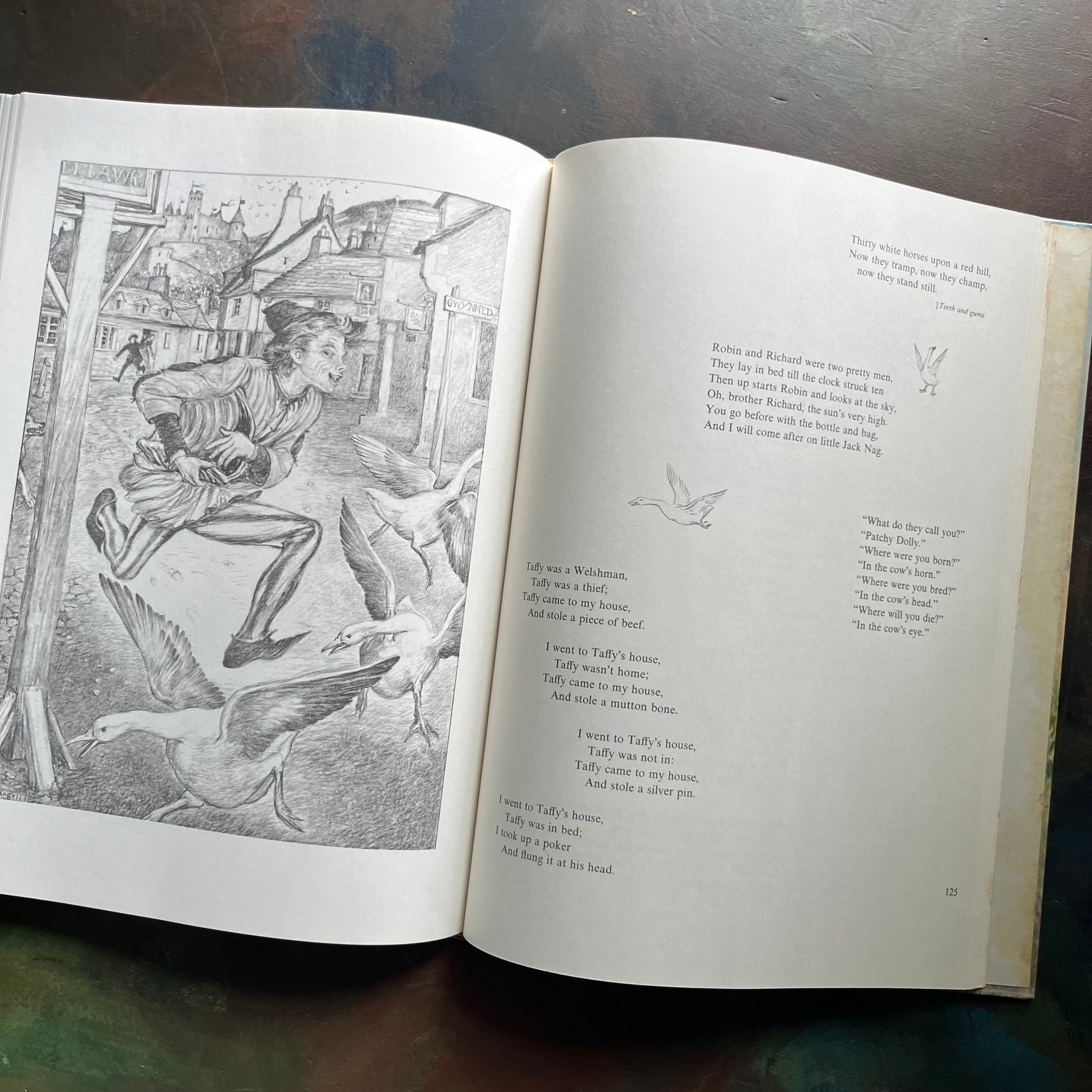 Marguerite de Angeli's Book of Nursery and Mother Goose Rhymes-vintage children's book-Caldecott honor book-view of the illustrations in black and white