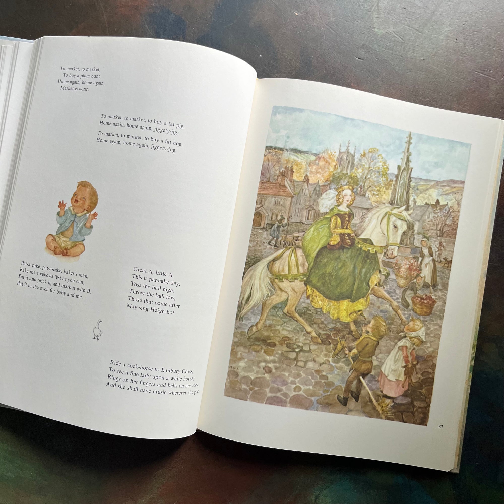 Marguerite de Angeli's Book of Nursery and Mother Goose Rhymes-vintage children's book-Caldecott honor book-view of the illustrations in color