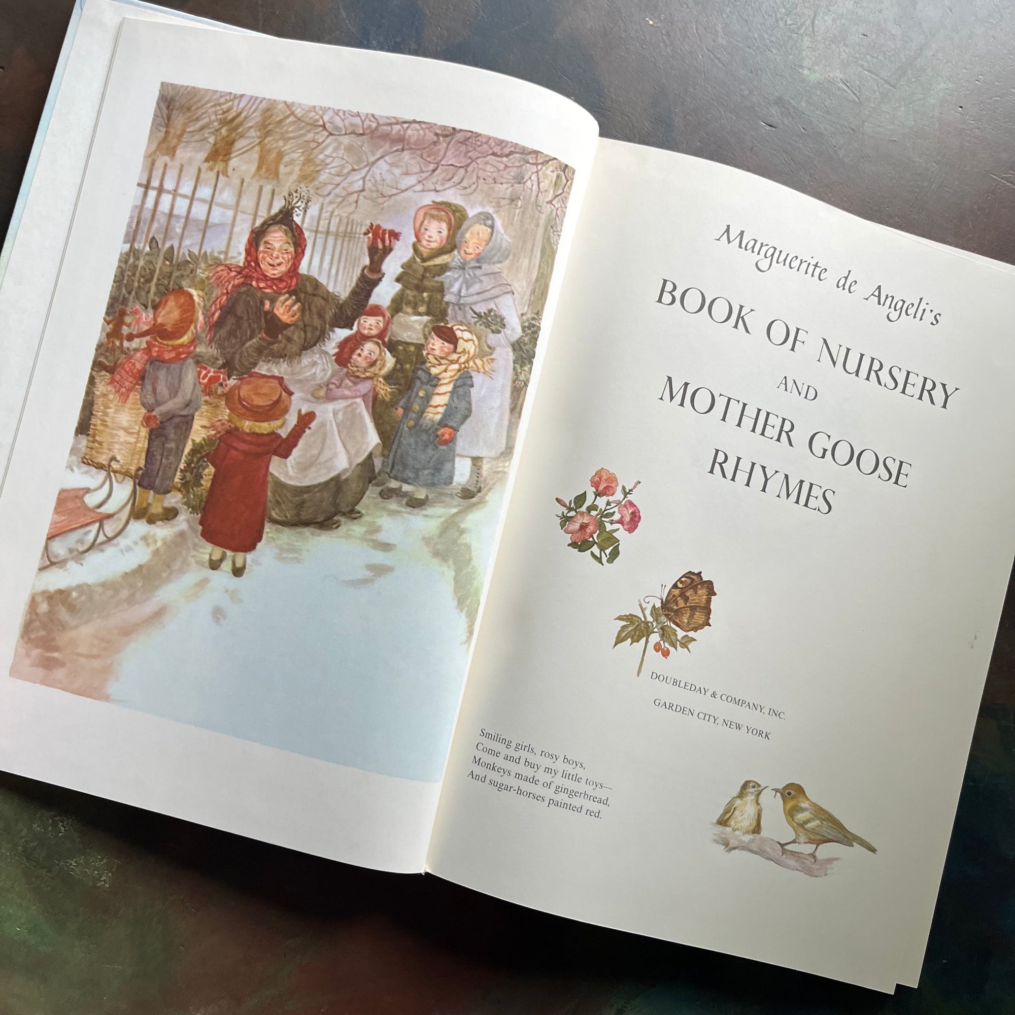 Marguerite de Angeli's Book of Nursery and Mother Goose Rhymes-vintage children's book-Caldecott honor book-view of the title page and frontispiece