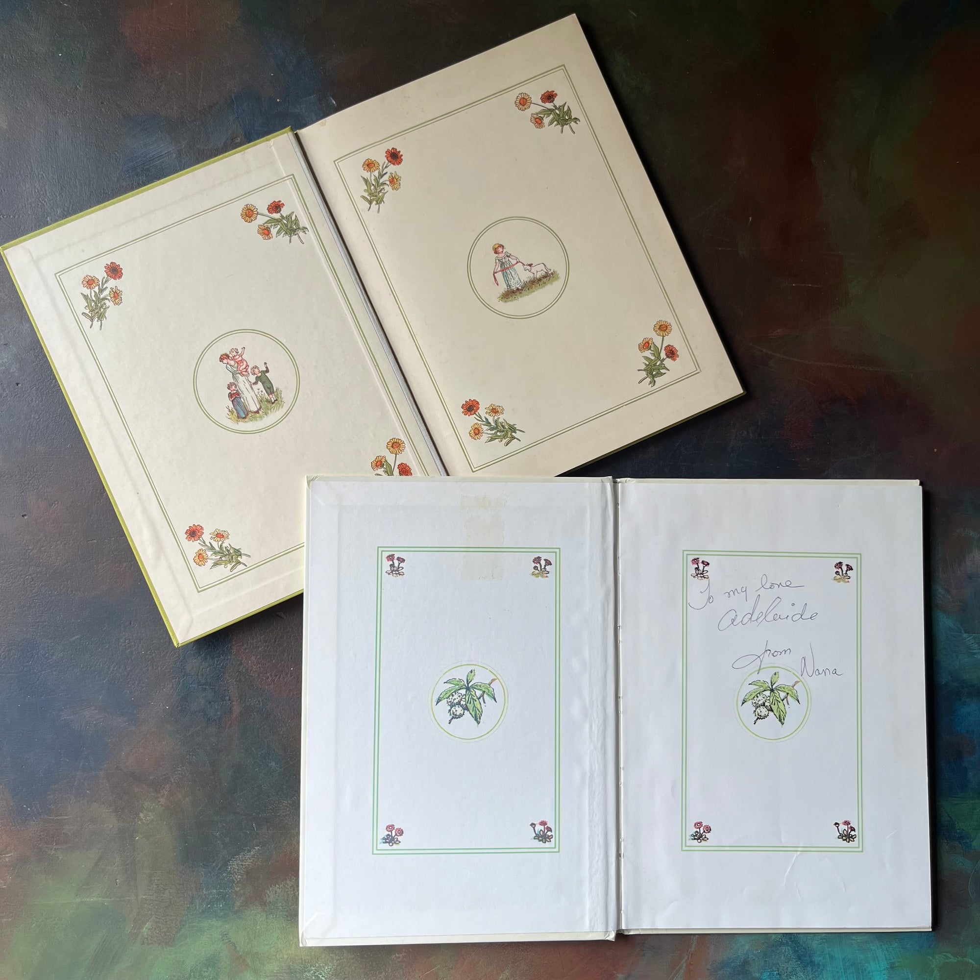 Marigold Garden & Kate Greenaway's Mother Goose-vintage poetry-vintage nursery rhymes-Kate Greenaway-view of the inside covers