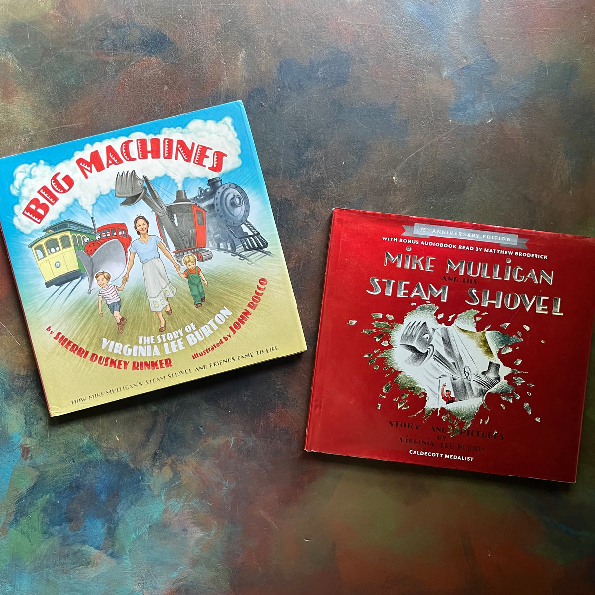 Mike Mulligan and his Steam Shovel 75th Anniversary Edition and Big Machines The Story of Virginia Lee Burton written by Sherri Duskey Rinker - view of the dust jacket's covers