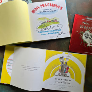 Mike Mulligan and his Steam Shovel 75th Anniversary Edition and Big Machines The Story of Virginia Lee Burton written by Sherri Duskey Rinker - view of the title pages - note Big Machines has been autographed by John Rocco, the Illustrator.