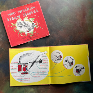 Mike Mulligan and His Steam Shovel written and illustrated by Virginia Lee Burton-rare 1939 First Edition Early Printing--vintage children's picture book-view of the inside cover - please note there is a school stamp as well as "1st" written in ink directly below the school stamp.