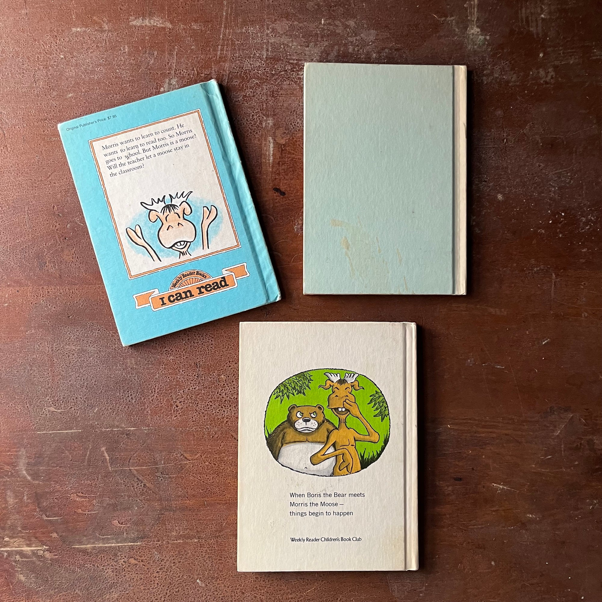 vintage children's picture books, An I Can Read Book Set -Morris the Moose Three Book Set story and illustrations by Bernard Wiseman - view of the back covers