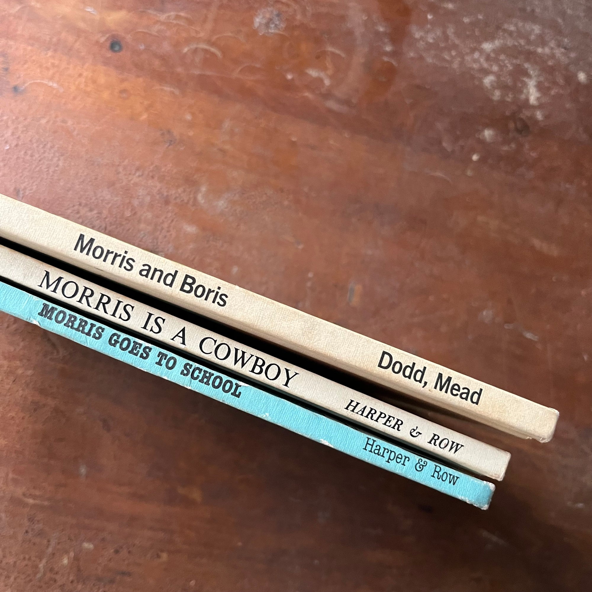 vintage children's picture books, An I Can Read Book Set -Morris the Moose Three Book Set story and illustrations by Bernard Wiseman - view of the spines