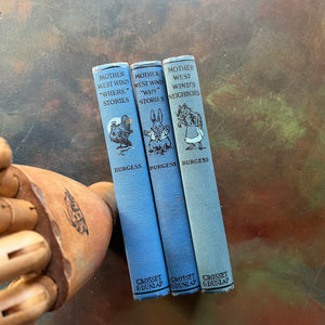 Set of Three Thornton W. Burgess Animal Story Books with illustrations by Harrison Cady-Mother West Wind Where Stories, Mother West Wind Why Stories, and Mother West Wind's Neighbors- view of the spines