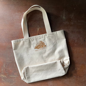 Log Cabin Vintage-canvas book tote bag-view of the back of the bag showing the 5" gusset at the bottom of the bag