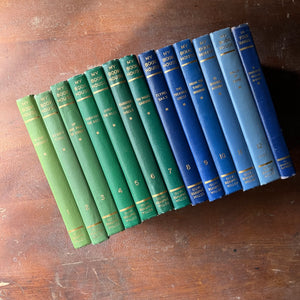 vintage children's storybooks, classic tales, nursery decor - My Book House Complete 12 Volume Set Plus Parent Guide Edited by Olive Beaupre Miller - view of the spines in greens and blues with gold lettering