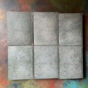 My Book House Complete Six-Volume Set by Olive Miller Beaupre-1925 Editions-vintage storybook set for children-view of the back covers - these are a white/gray & green marbled effect - they look dirty or discolored in the pictures but they are not