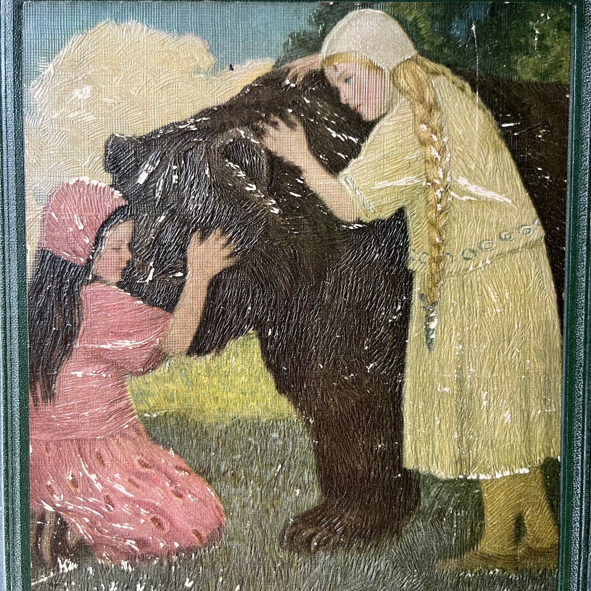My Book House Complete Six-Volume Set by Olive Miller Beaupre-1925 Editions-vintage storybook set for children-view of the closeup of the illustration on one of the front covers showing two girls hugging a bear