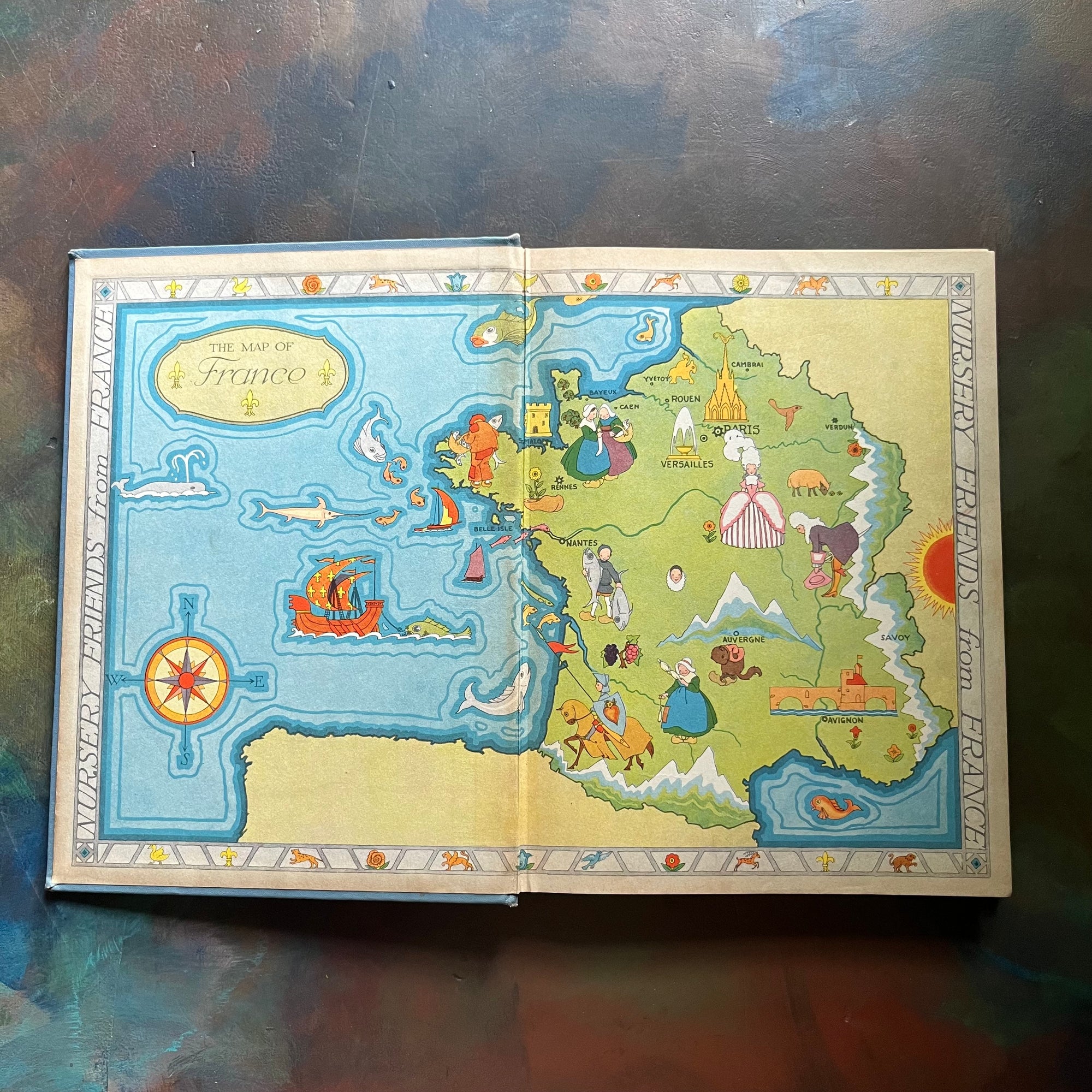 My Travelship Book-Nursery Friends from France by Olive Beaupre Miller-Illustrated by Maud & Miska Petersham-vintage children's nursery rhymes, poems & songs-view of the inside cover showing a map of france