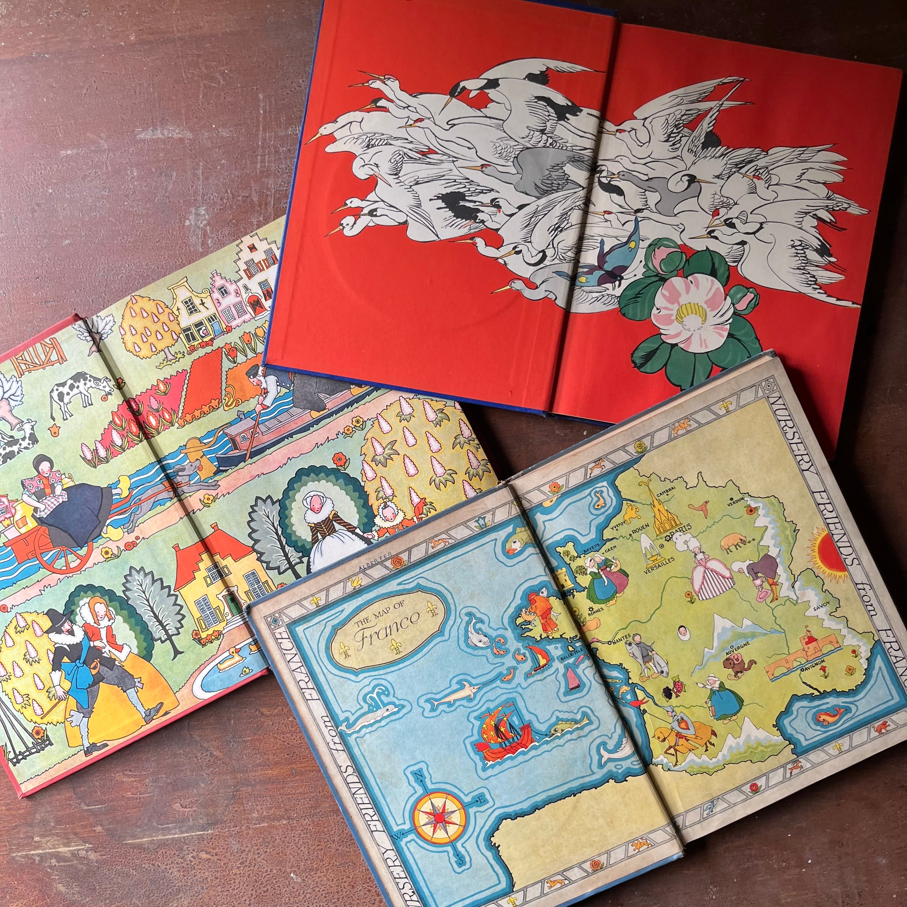 vintage children's storybooks , vintage children's books - My Travelship Book Set of 3: Nursery Friends from France, written by Olive Beaupre Miller with illustrations by Maud & Miska Petersham, Tales Told in Holland written by Olive Beaupre Miller with illustrations by Maud & Miska Petersham, and Little Pictures of Japan written by Olive Beaupre Miller with illustrations by Katharine Sturges - view of the inside covers