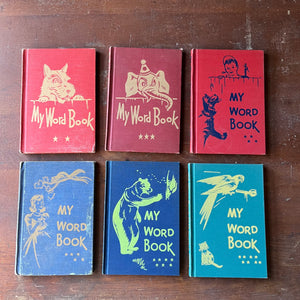 My Word Vintage Spelling Books by Lyons & Carnahan Publishers-1940's and 1950's-vintage schoolbooks-view of the front covers with an image & title on each - the stars represent the volume number