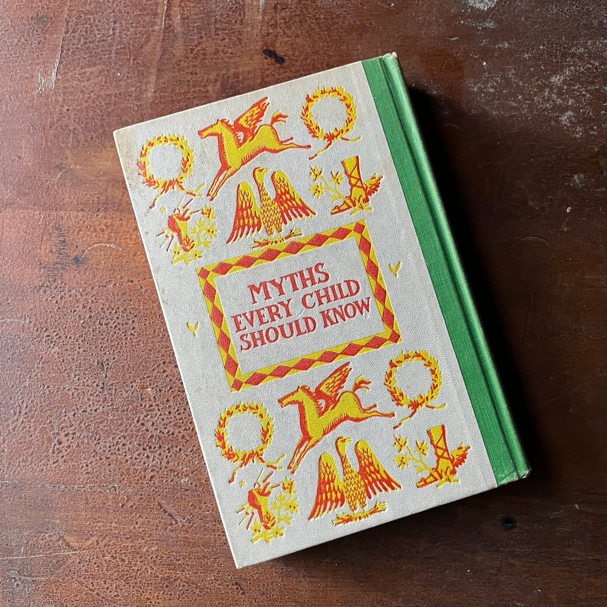 vintage children's fairy tales book - Junior Deluxe Editions Books - Myths Every Child Should Know - view of the back cover also embossed & depicting the same design as the front cover
