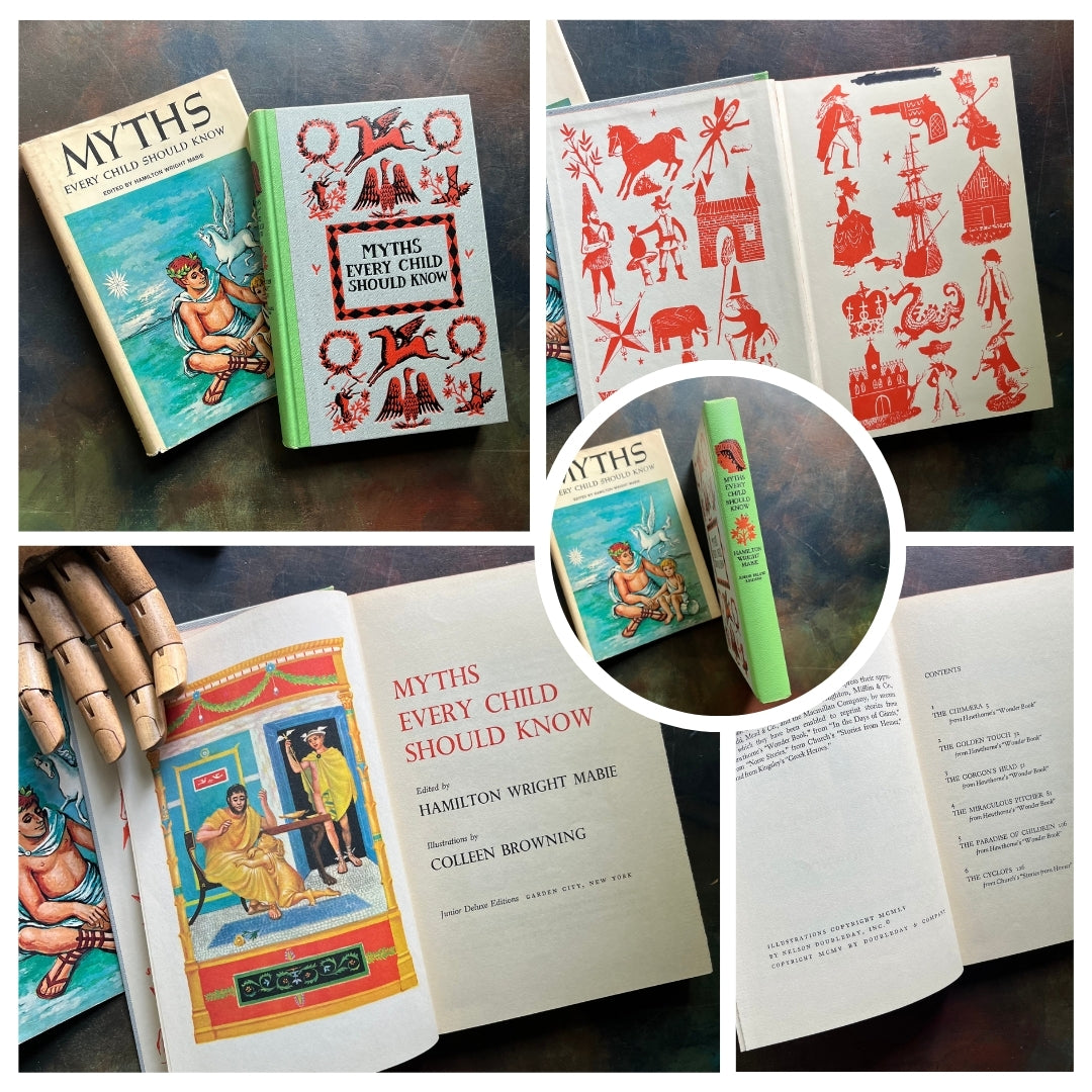 A collage of Junior Deluxe Edition books showing the cover, inside cover, spine, title page and copyright page of the book, Myths Every Child Should Know, written by Hamilton Wright Mabie - vintage children's classic literature books-collectible children's books-rainbow book spines