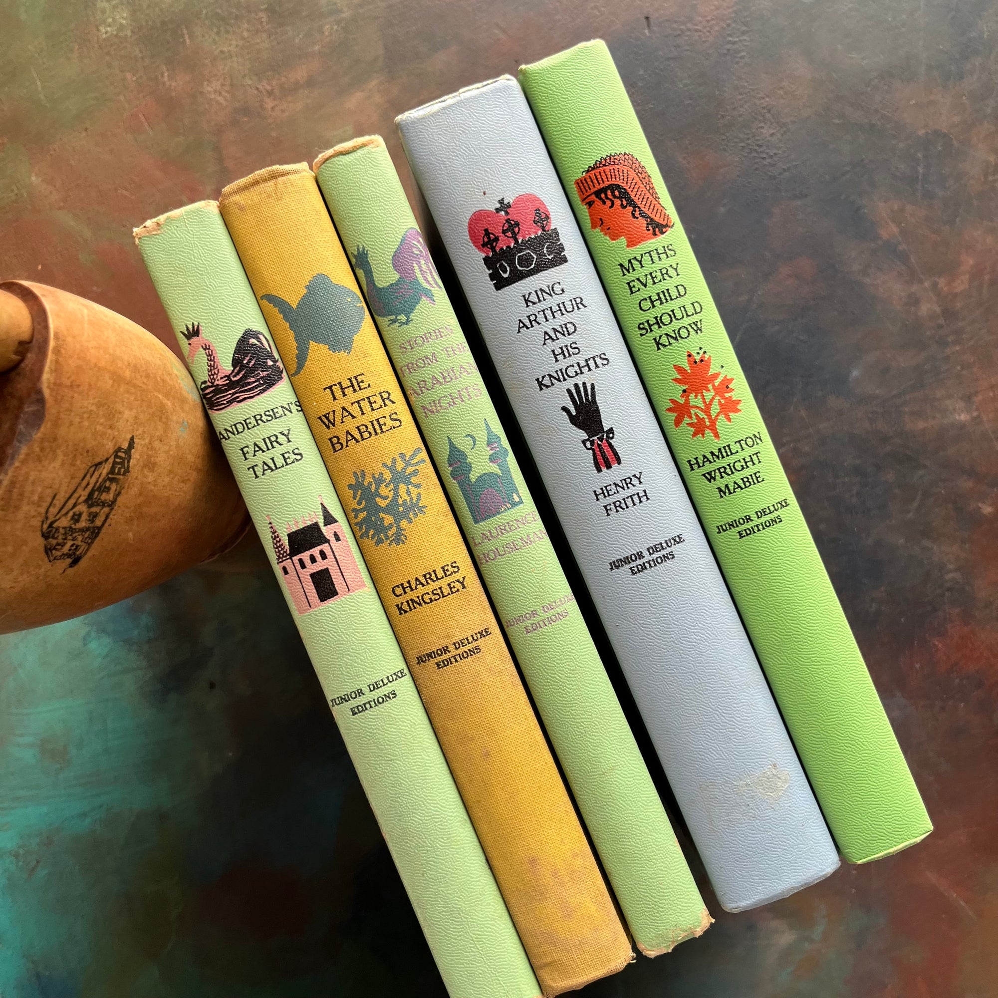 Collection of Junior Deluxe Editions Children's Chapter Books - Myths, Fairy Tales and Folklore Classic Tales for Imaginative Readers-Junior Deluxe Editions Book Bundle-vintage children's chapter books-view of the spines