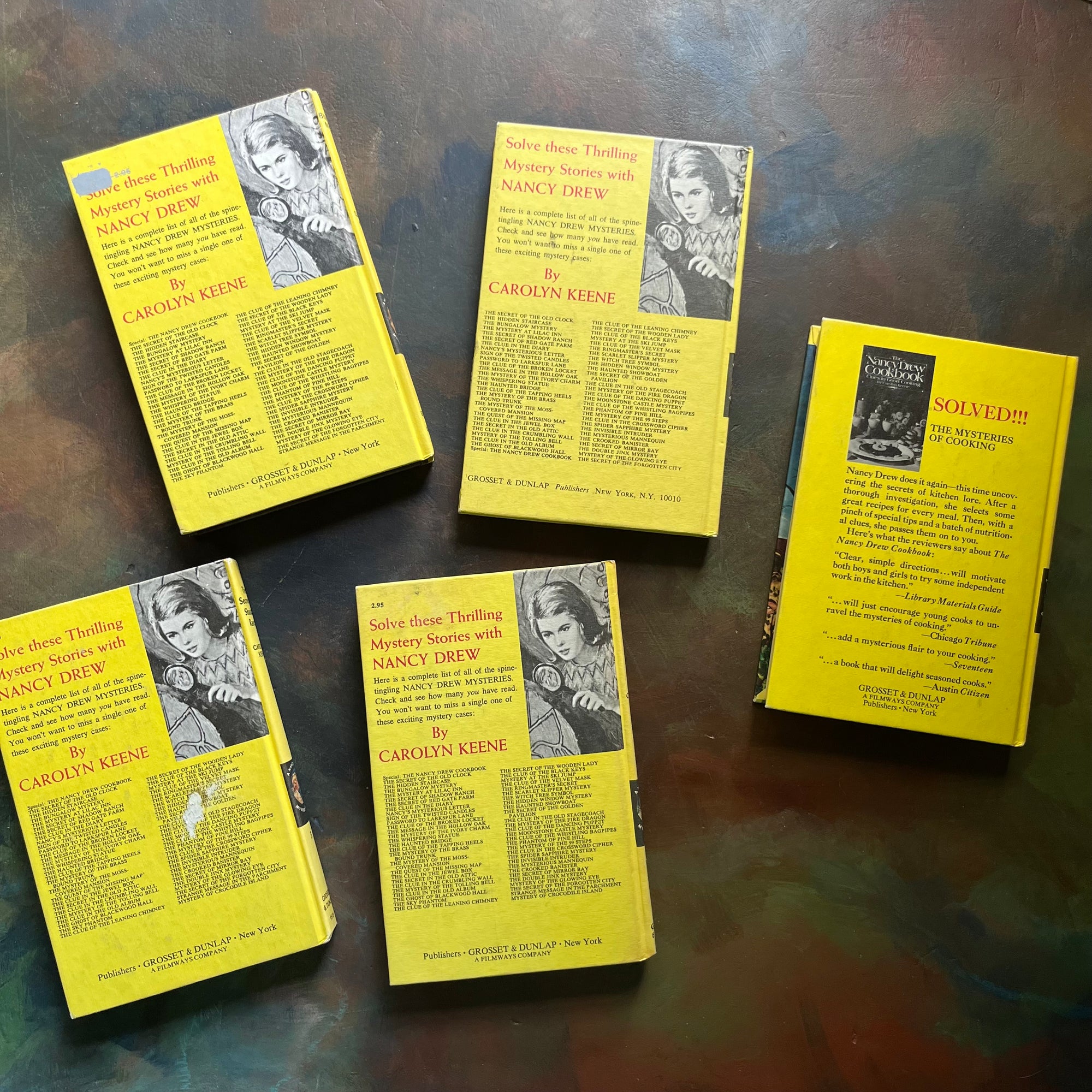 Nancy Drew Mystery Stories Starter Set-Books Three through Seven-vintage children's chapter books-Carolyn Keene-view of the back covers