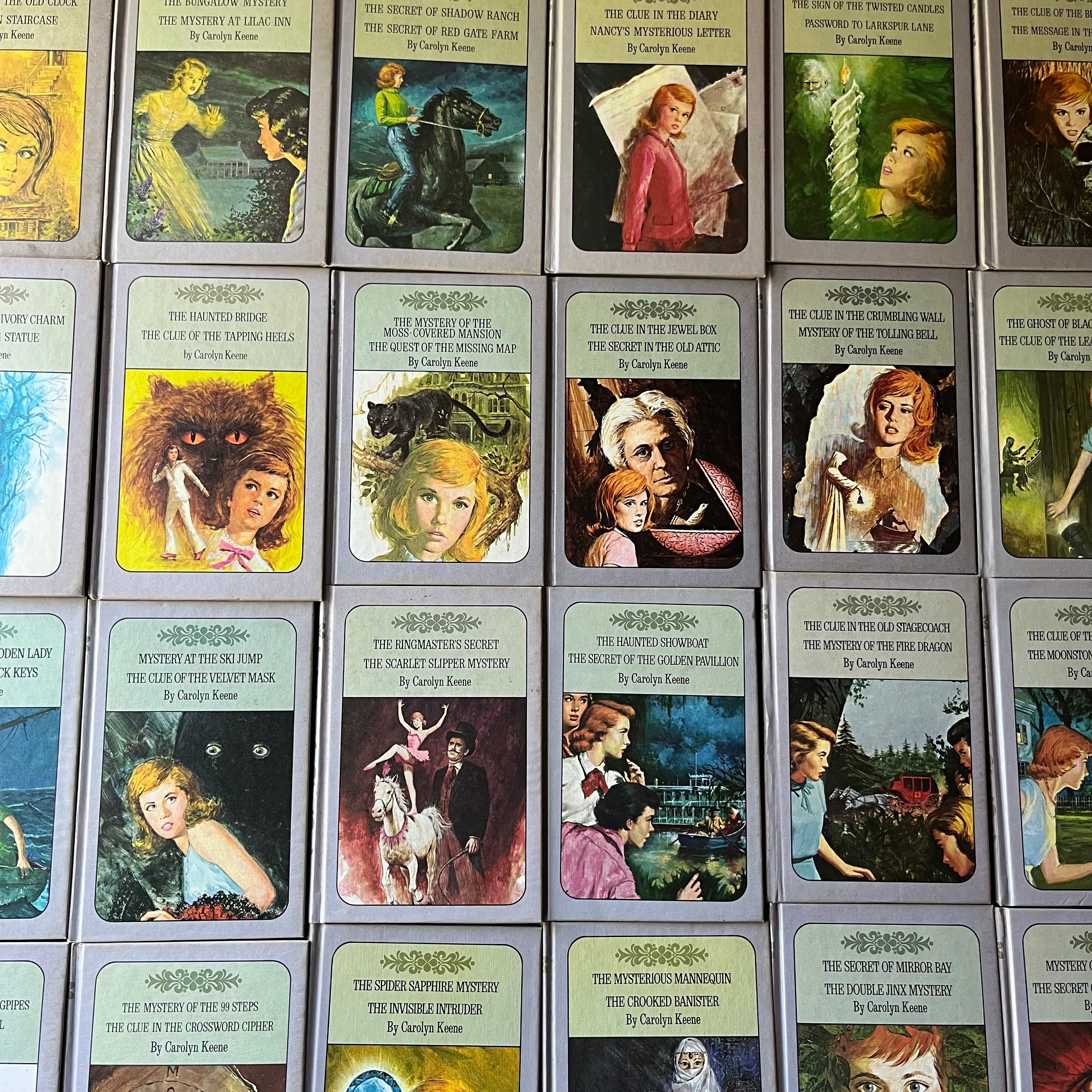 Nancy Drew Twin Thrillers Book Set of 24 by Carolyn Keene-vintage children's chapter books-mysteries-collectible Nancy Drew-view of the closeup of the front covers