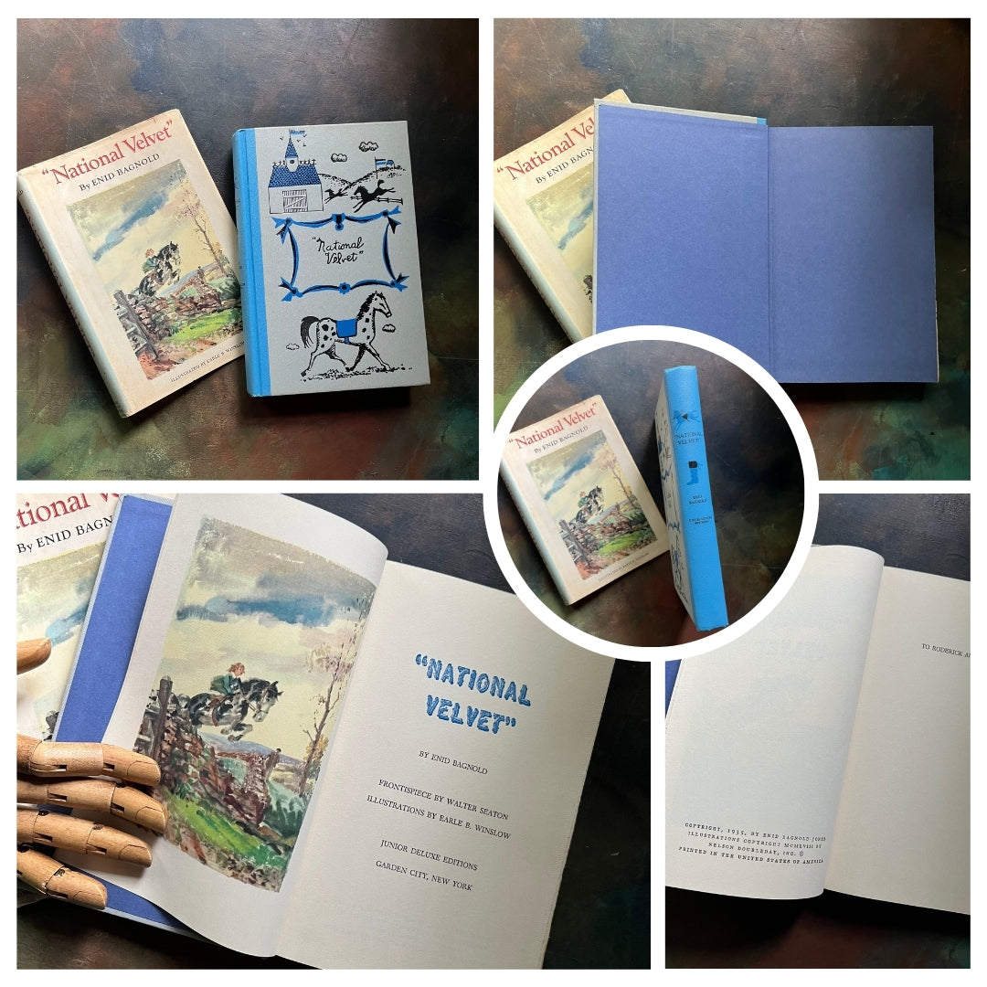 A collage of Junior Deluxe Edition books showing the cover, inside cover, spine, title page and copyright page of the book, National Velvet, written by Enid Bagnold - vintage children's classic literature books-collectible children's books-rainbow book spines